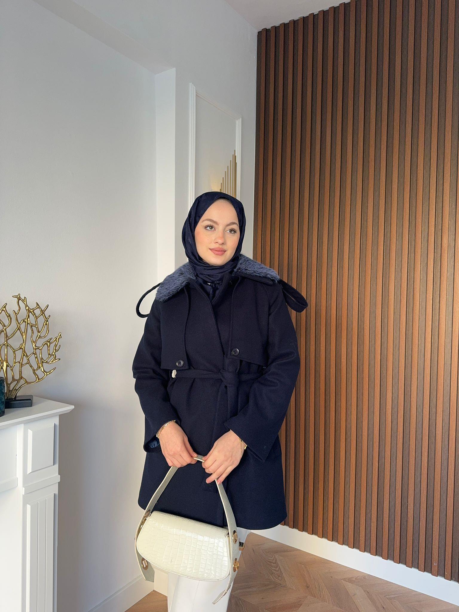 MEYSADESIGN KÜRK Kaşe Kürk Yakalı Kaban Lacivert