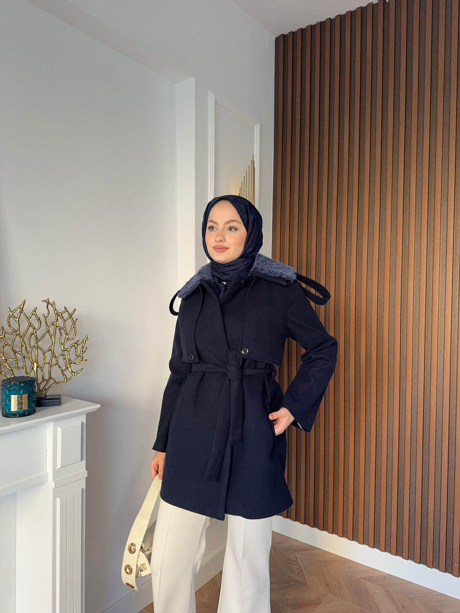 MEYSADESIGN KÜRK Kaşe Kürk Yakalı Kaban Lacivert