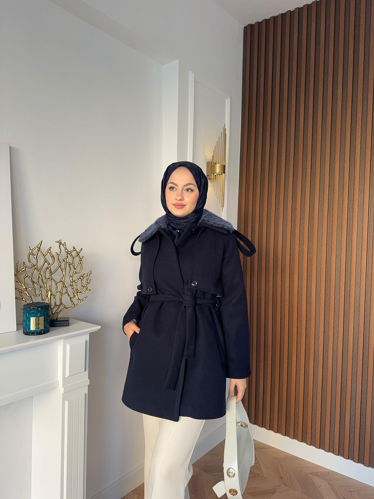 MEYSADESIGN KÜRK Kaşe Kürk Yakalı Kaban Lacivert