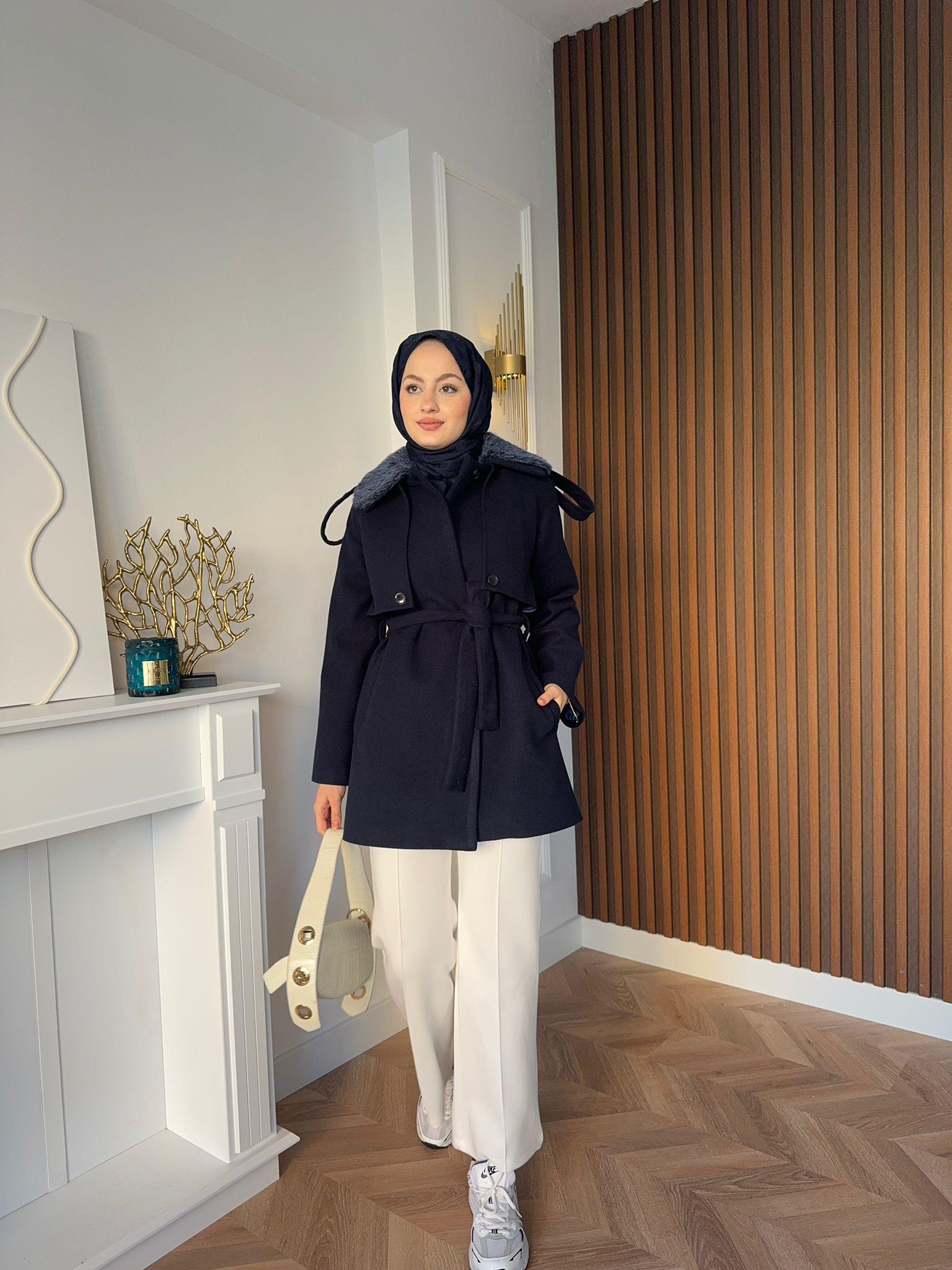 MEYSADESIGN KÜRK Kaşe Kürk Yakalı Kaban Lacivert