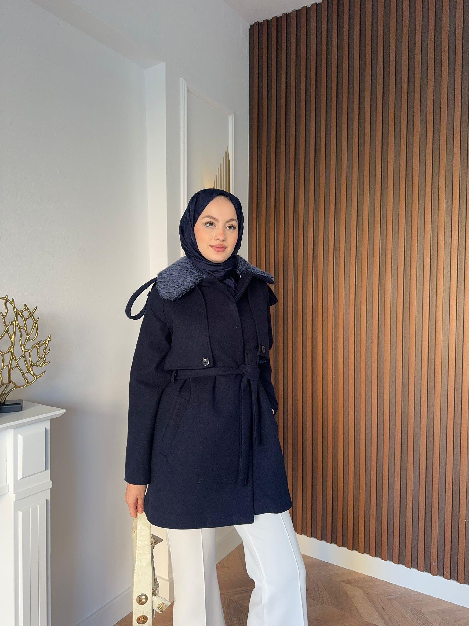 MEYSADESIGN KÜRK Kaşe Kürk Yakalı Kaban Lacivert