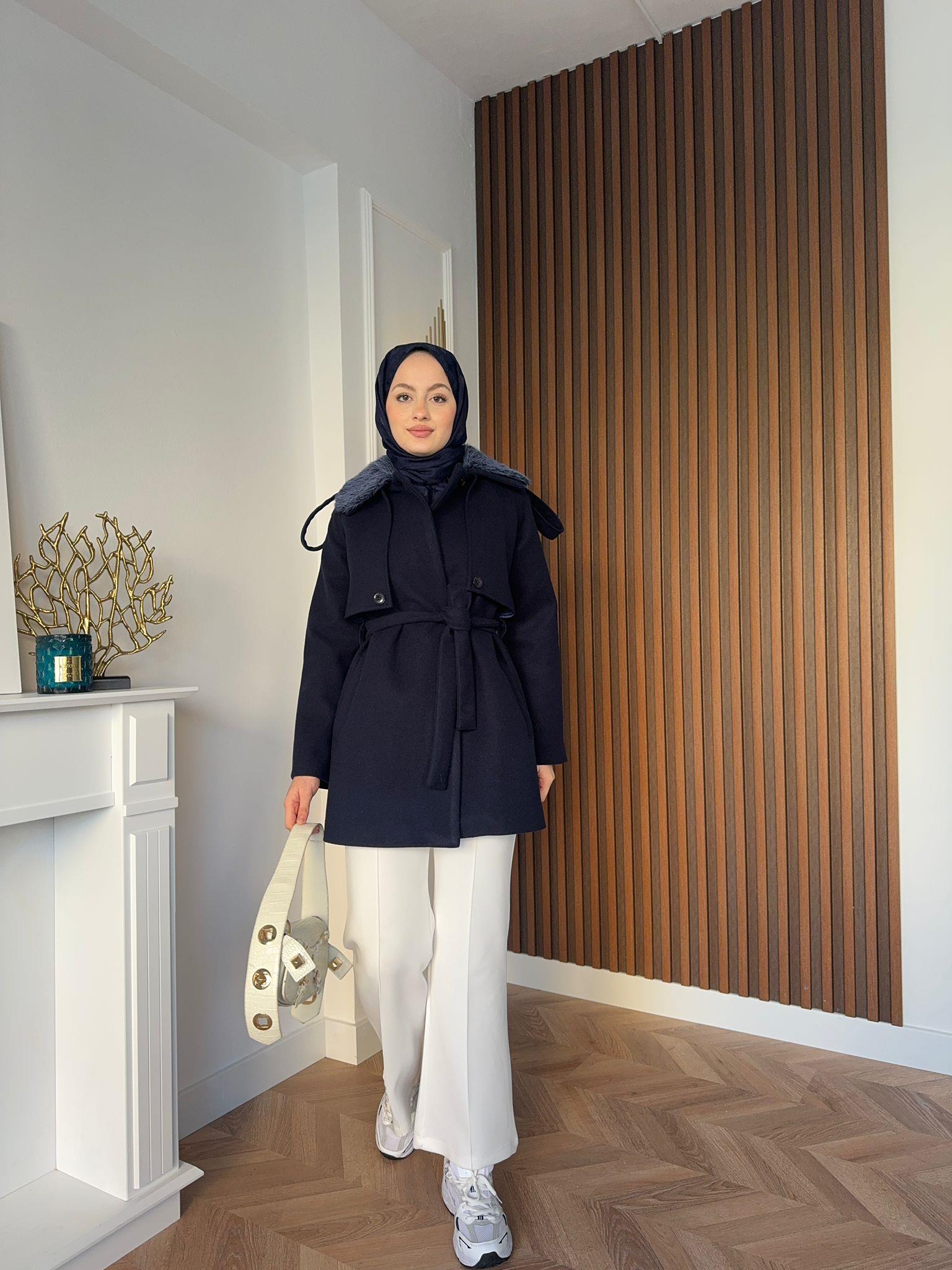 MEYSADESIGN KÜRK Kaşe Kürk Yakalı Kaban Lacivert