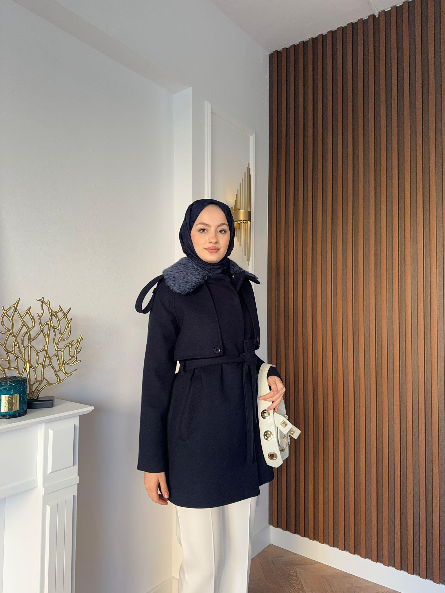 MEYSADESIGN KÜRK Kaşe Kürk Yakalı Kaban Lacivert