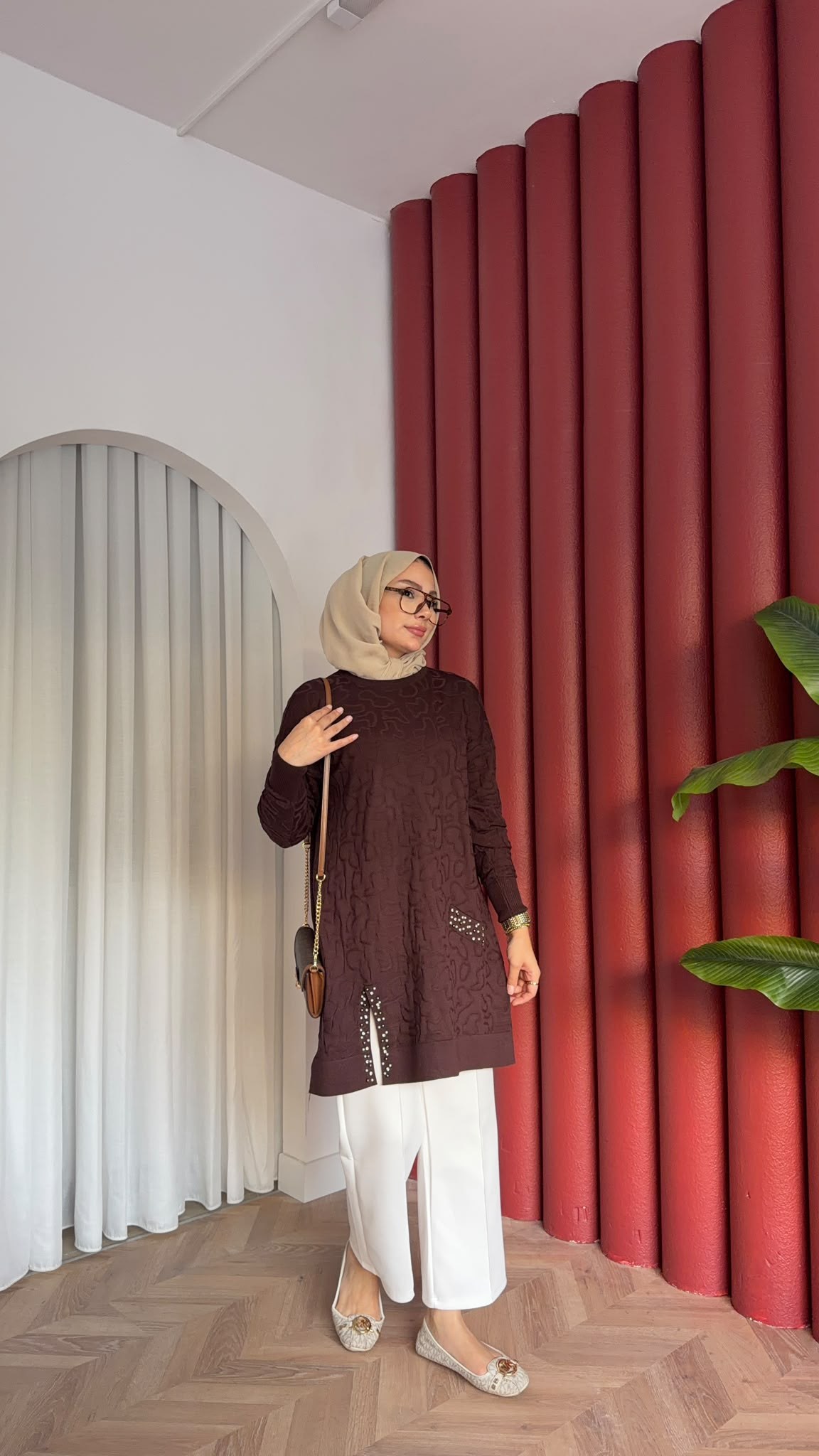 MEYSADESIGN MERSERİZE TUNİK İncili Merserize Tunik Acı Kahve