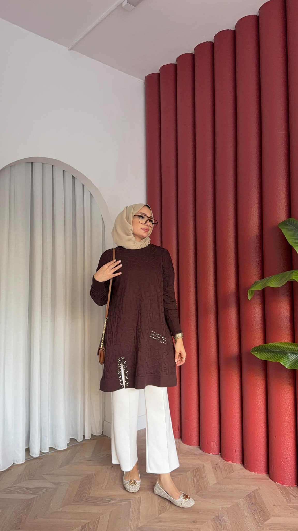 MEYSADESIGN MERSERİZE TUNİK İncili Merserize Tunik Acı Kahve