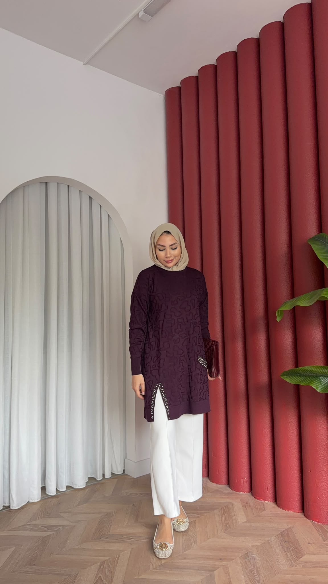 MEYSADESIGN MERSERİZE TUNİK İncili Merserize Tunik Mürdüm