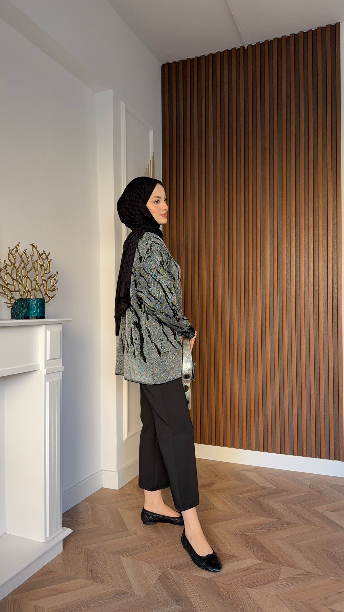 MEYSADESIGN MERSERIZED Zebra Desenli Simli Merserize Tunik Siyah