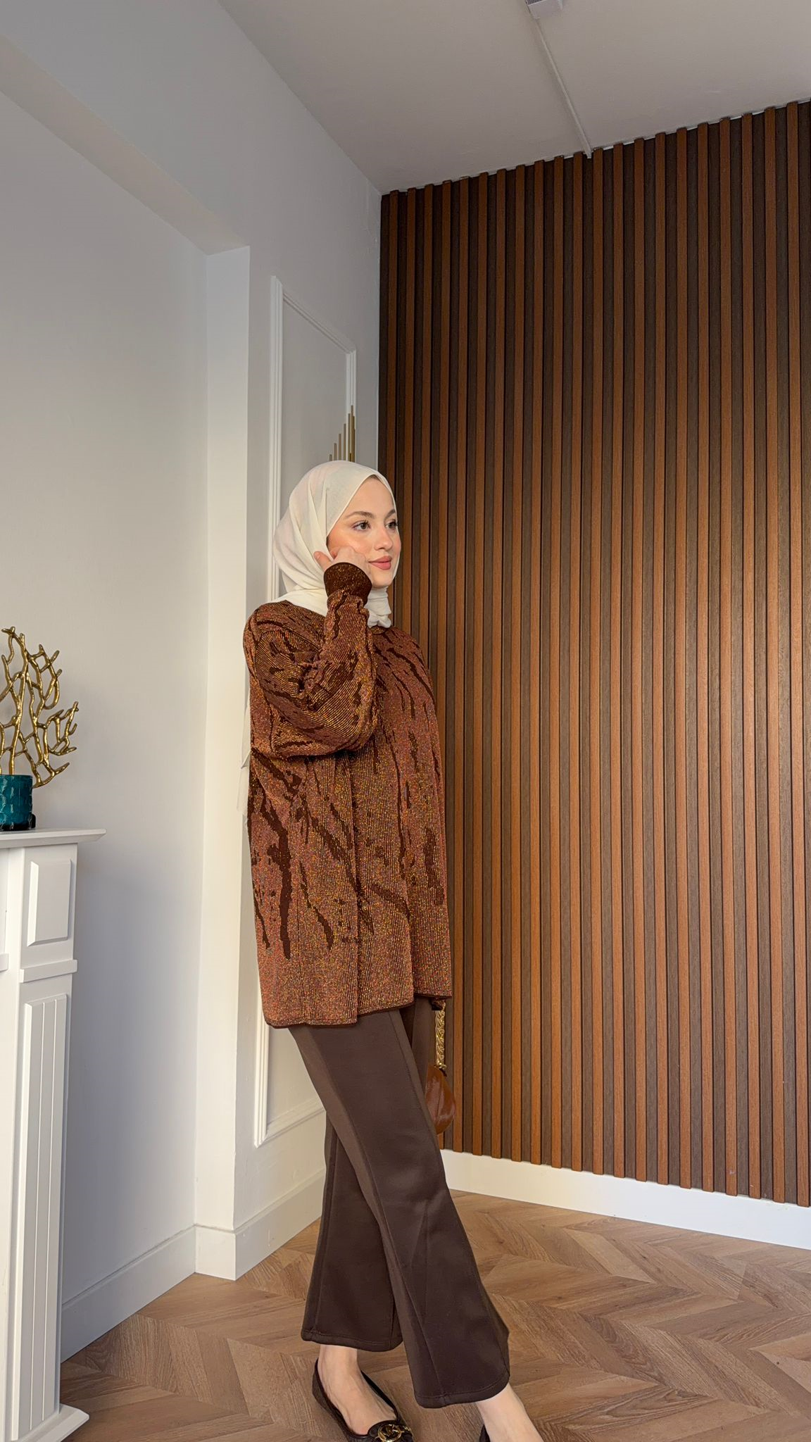 MEYSADESIGN MERSERIZED Zebra Desenli Simli Merserize Tunik Acı Kahve