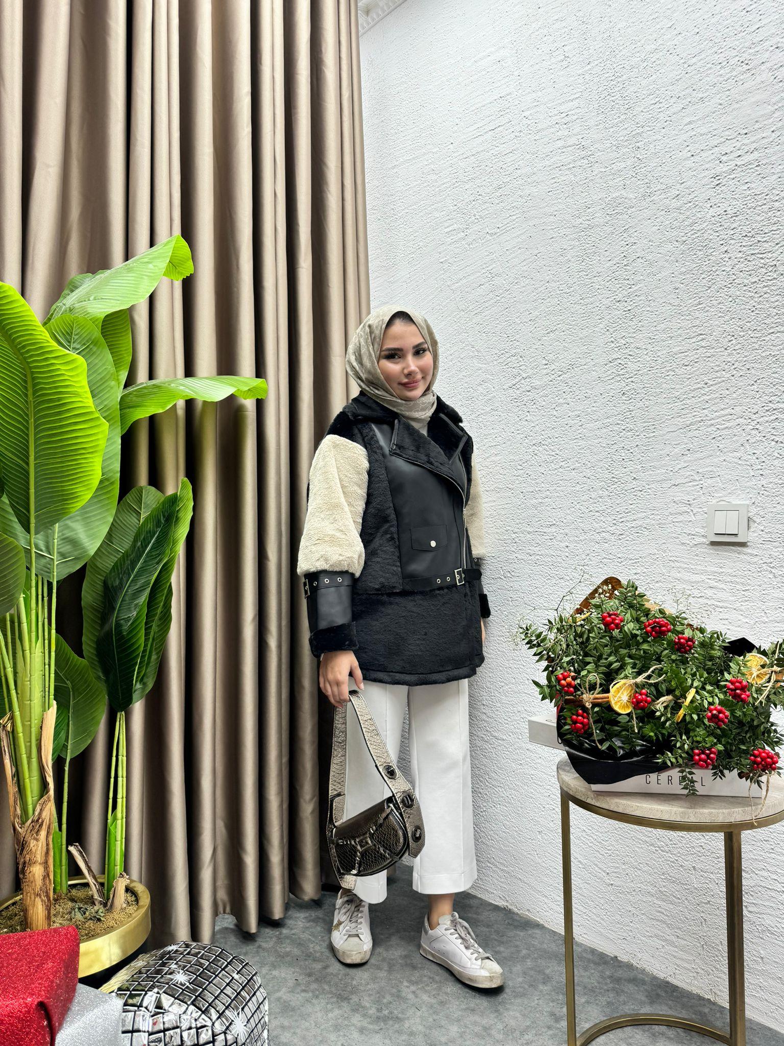 MEYSADESIGN MONT Blok Desenli Çift Renkli Biker Mont Siyah