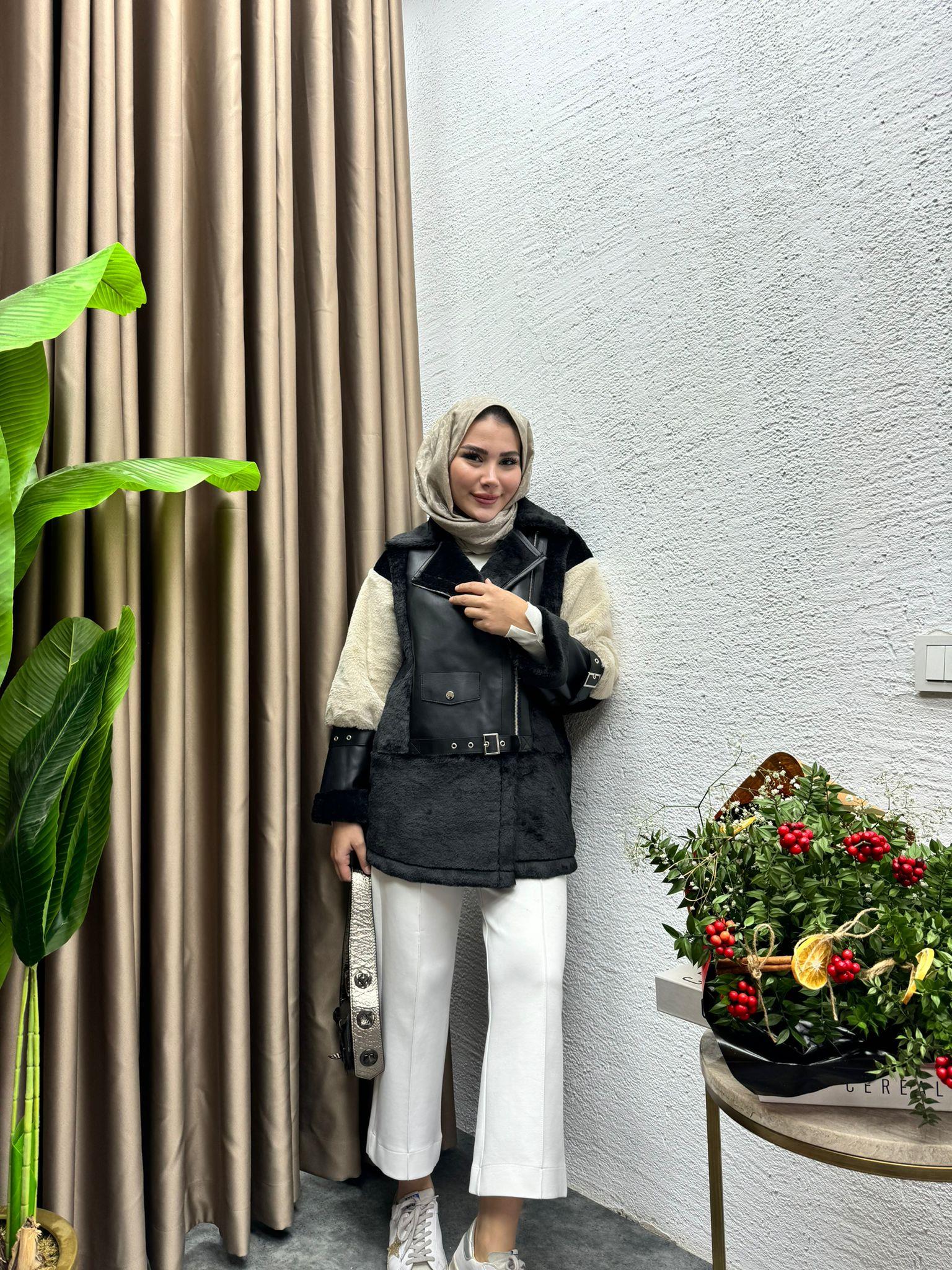 MEYSADESIGN MONT Blok Desenli Çift Renkli Biker Mont Siyah