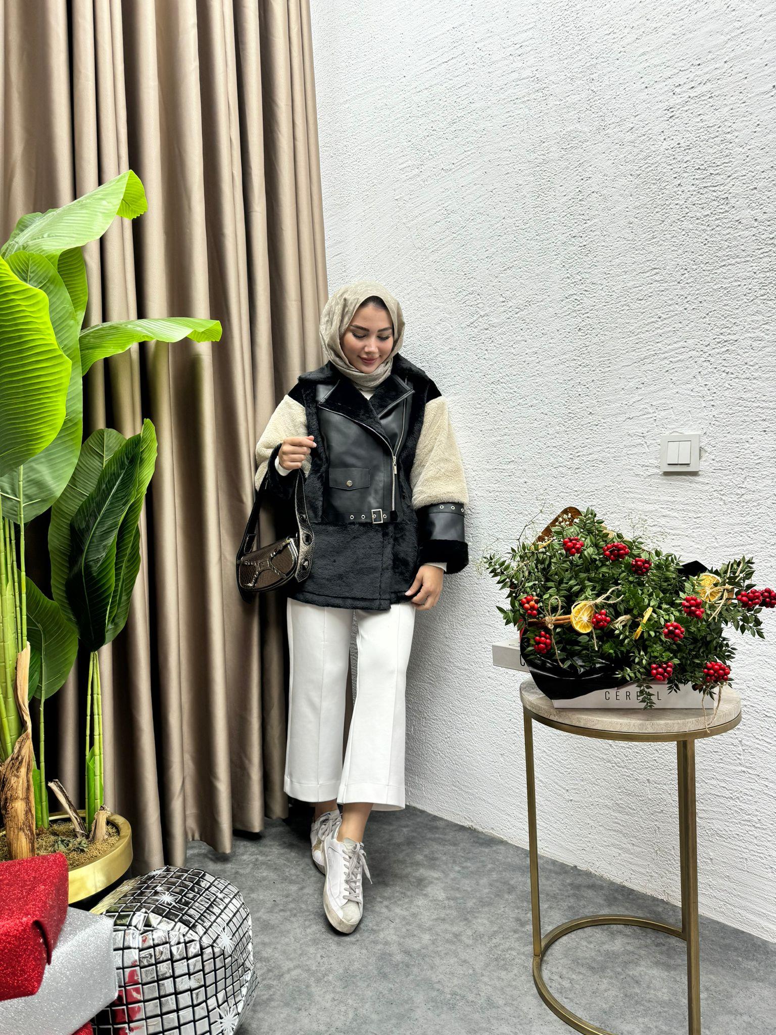 MEYSADESIGN MONT Blok Desenli Çift Renkli Biker Mont Siyah