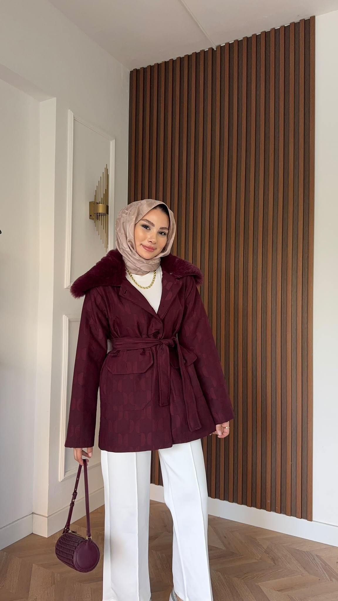 MEYSADESIGN MONT Mia Seyyar Kürk Yakalı Mont Bordo