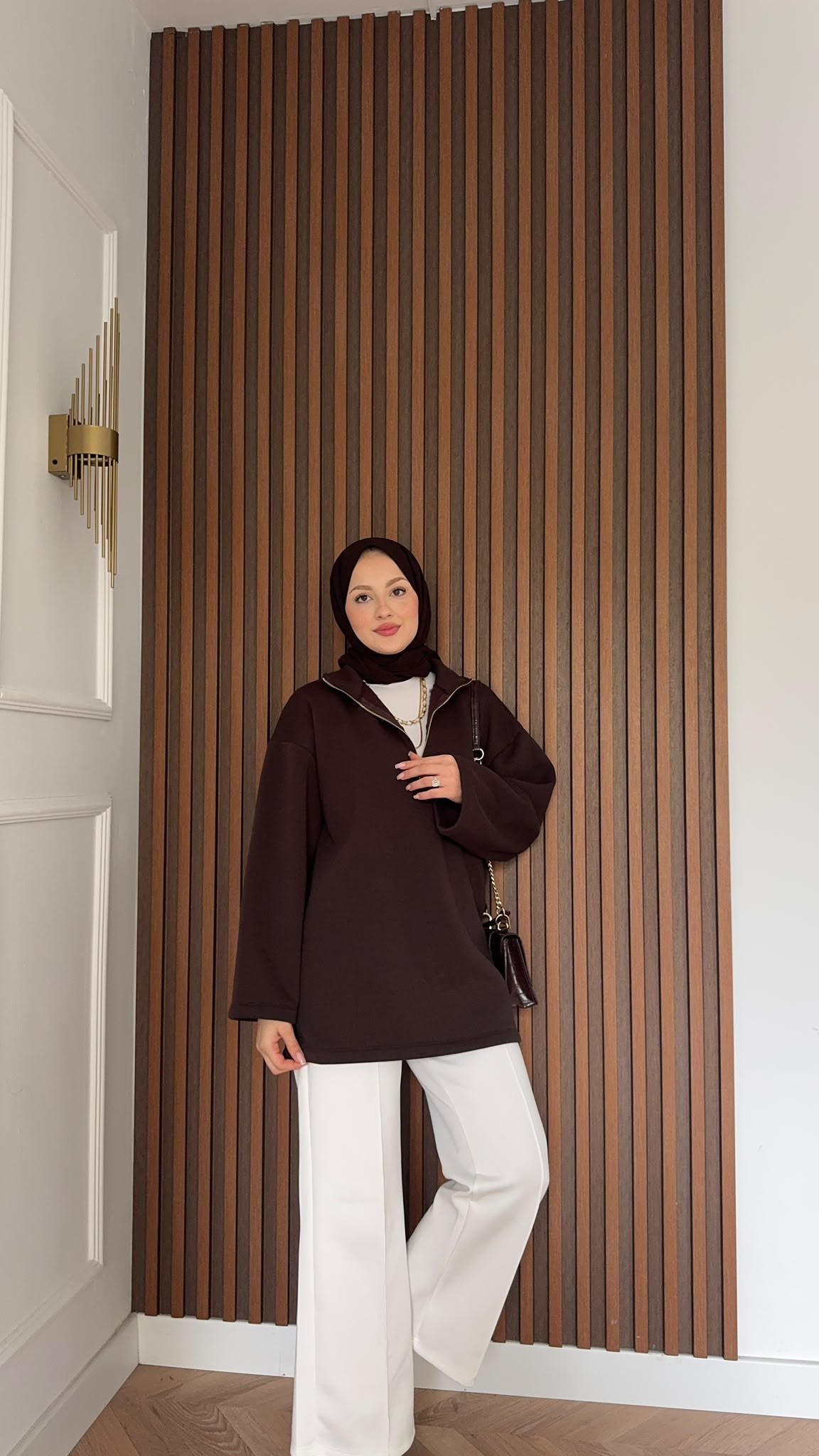 MEYSADESIGN OMUZ ATKISI Fermuarlı Polarlı Sweatshirt Acı Kahve