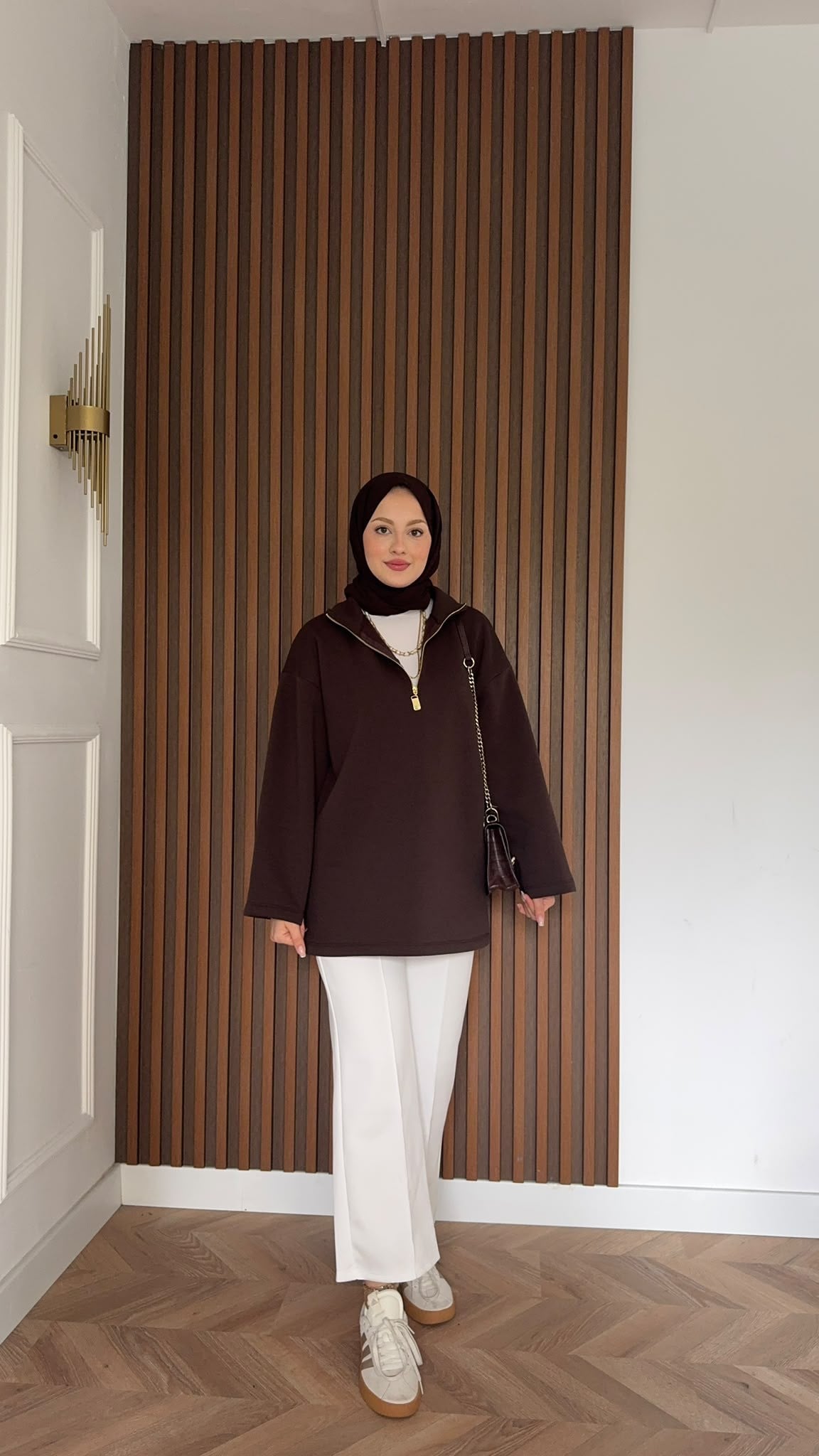 MEYSADESIGN OMUZ ATKISI Fermuarlı Polarlı Sweatshirt Acı Kahve