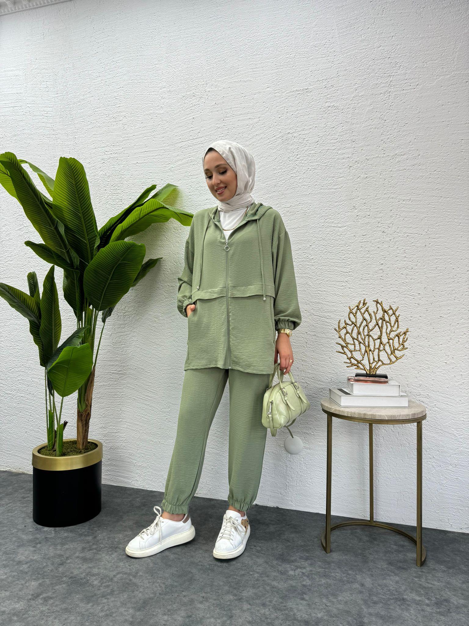 MEYSADESIGN PANTOLON TAKIM Aerobin Fermuarlı İkili Takım Mint Yeşili