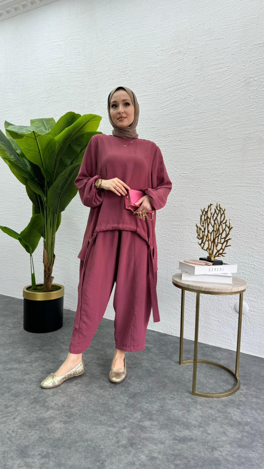 MEYSADESIGN PANTOLON TAKIM Aerobin Şalvar İkili Takım Pembe