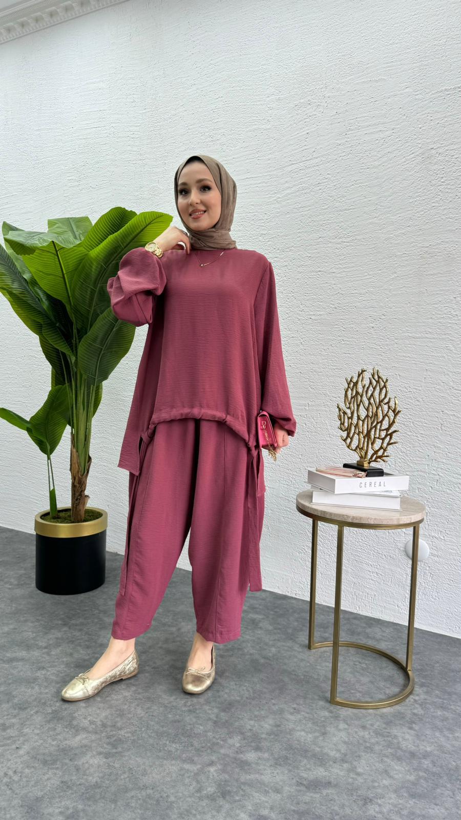 MEYSADESIGN PANTOLON TAKIM Aerobin Şalvar İkili Takım Pembe