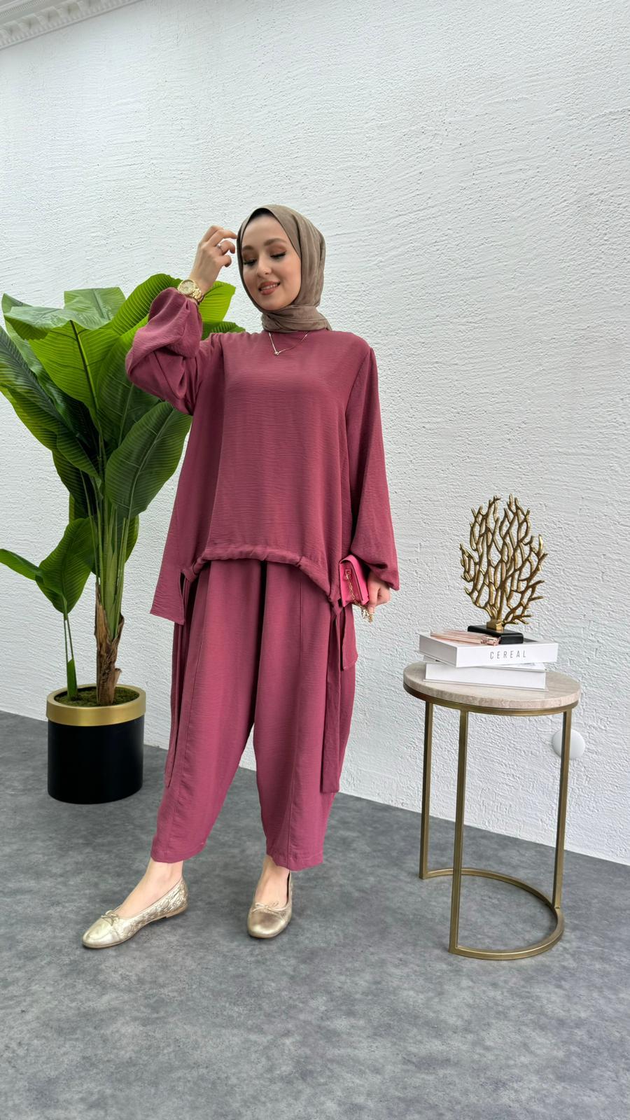 MEYSADESIGN PANTOLON TAKIM Aerobin Şalvar İkili Takım Pembe