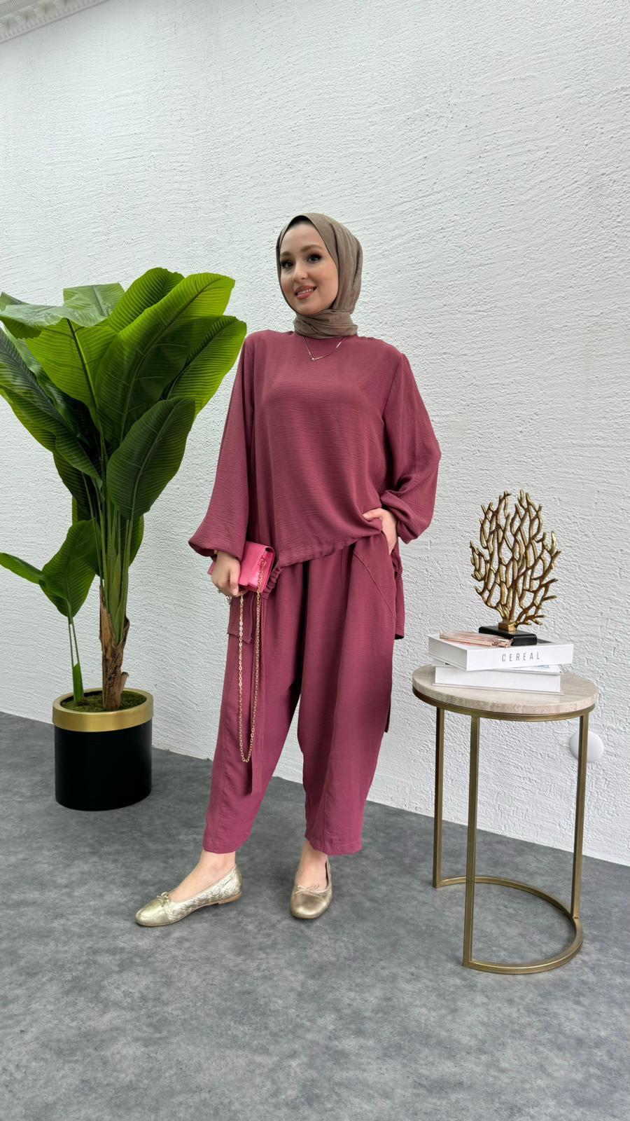 MEYSADESIGN PANTOLON TAKIM Aerobin Şalvar İkili Takım Pembe