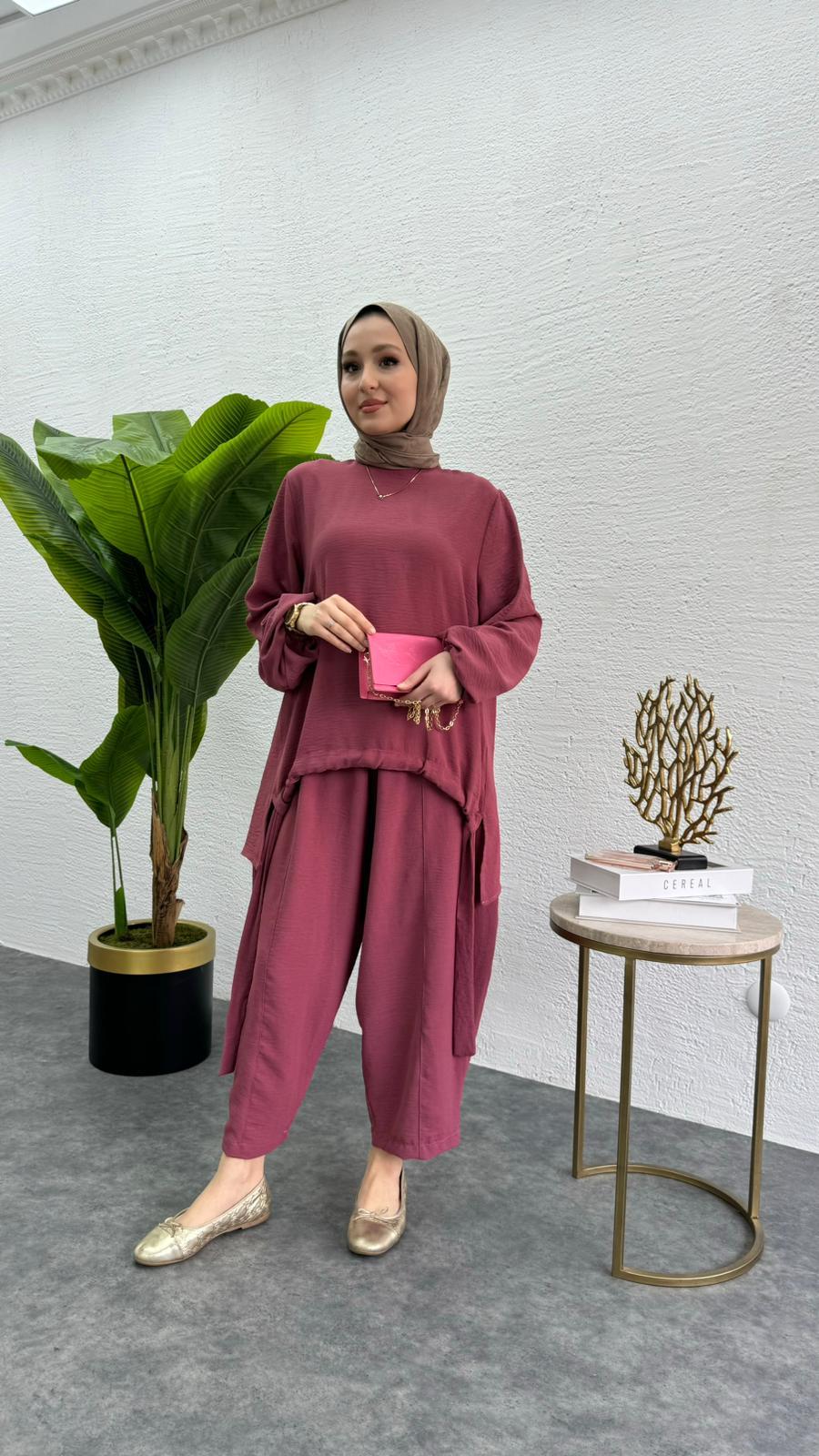 MEYSADESIGN PANTOLON TAKIM Aerobin Şalvar İkili Takım Pembe