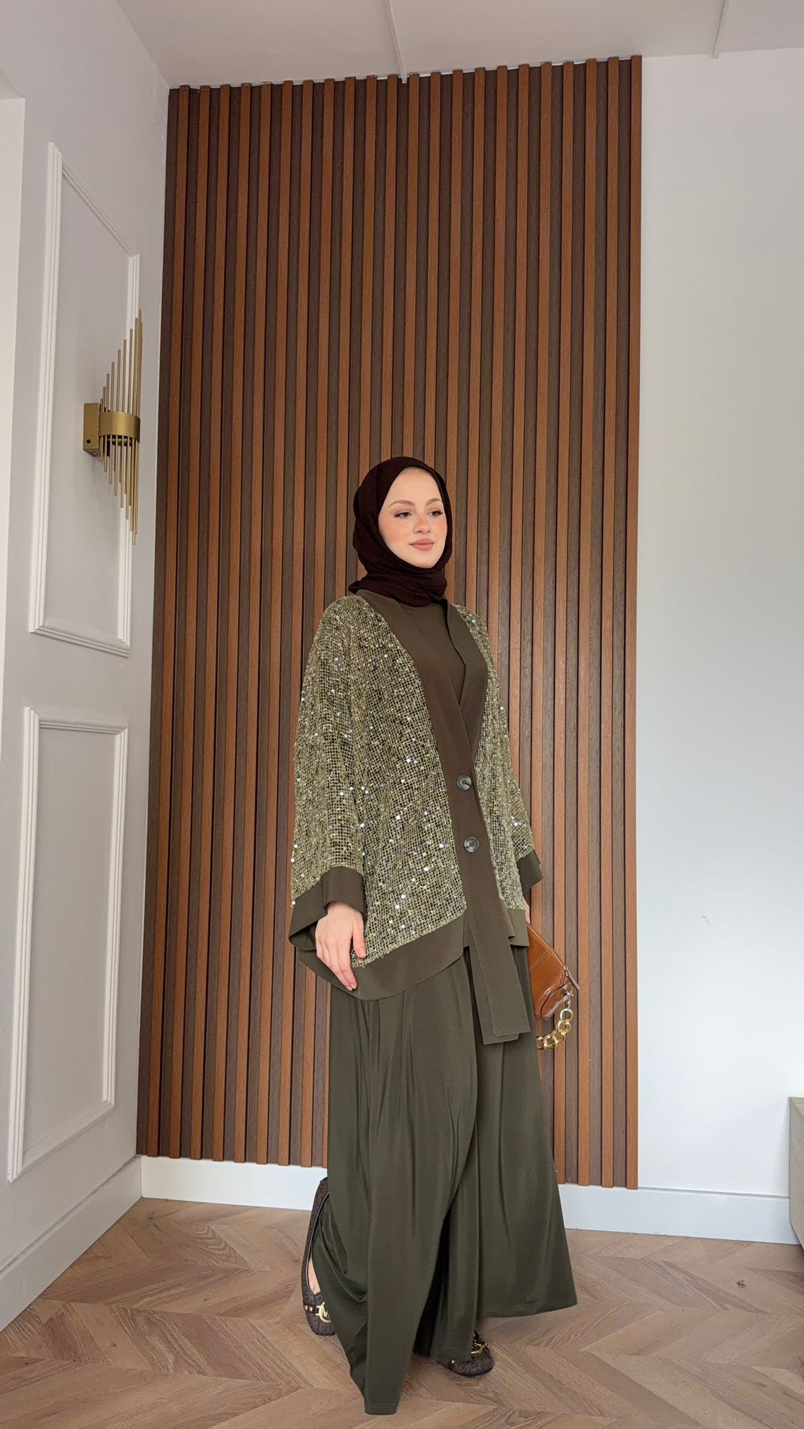 MEYSADESIGN PANTOLON TAKIM Becca Payetli Sandy Üçlü Takım Haki