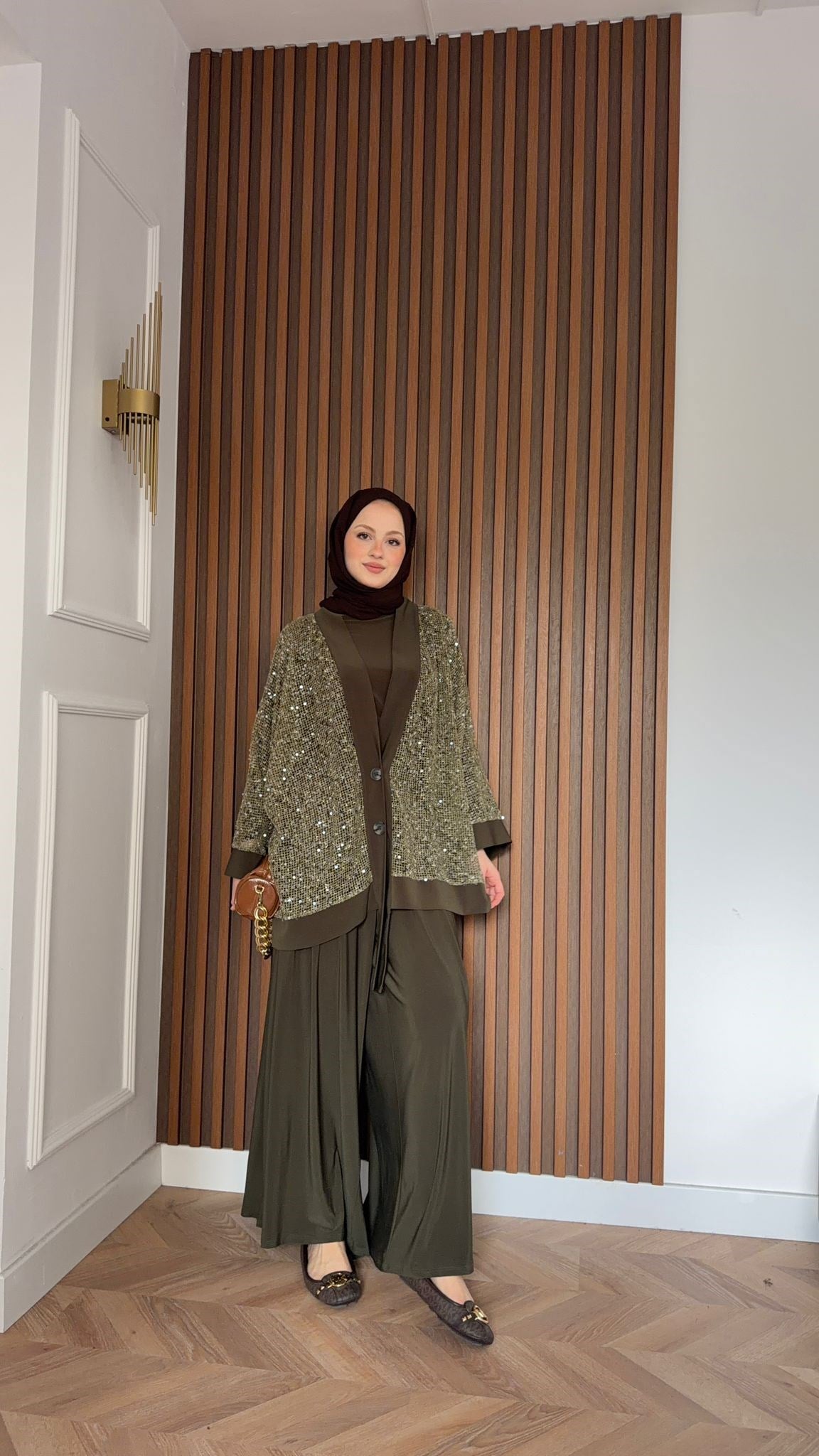 MEYSADESIGN PANTOLON TAKIM Becca Payetli Sandy Üçlü Takım Haki
