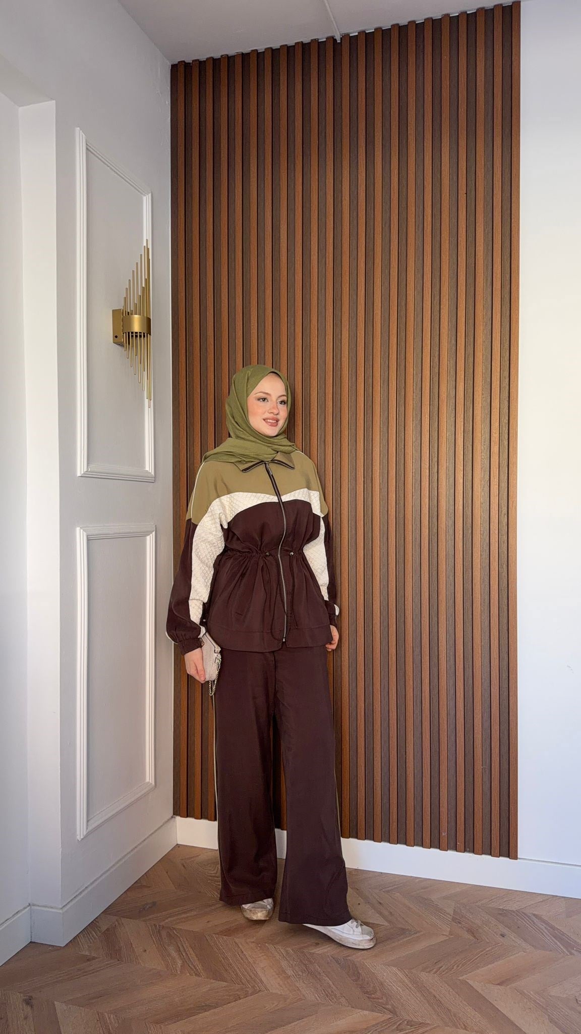 MEYSADESIGN PANTOLON TAKIM Blok Desenli Pantolonlu Takım Acı Kahve