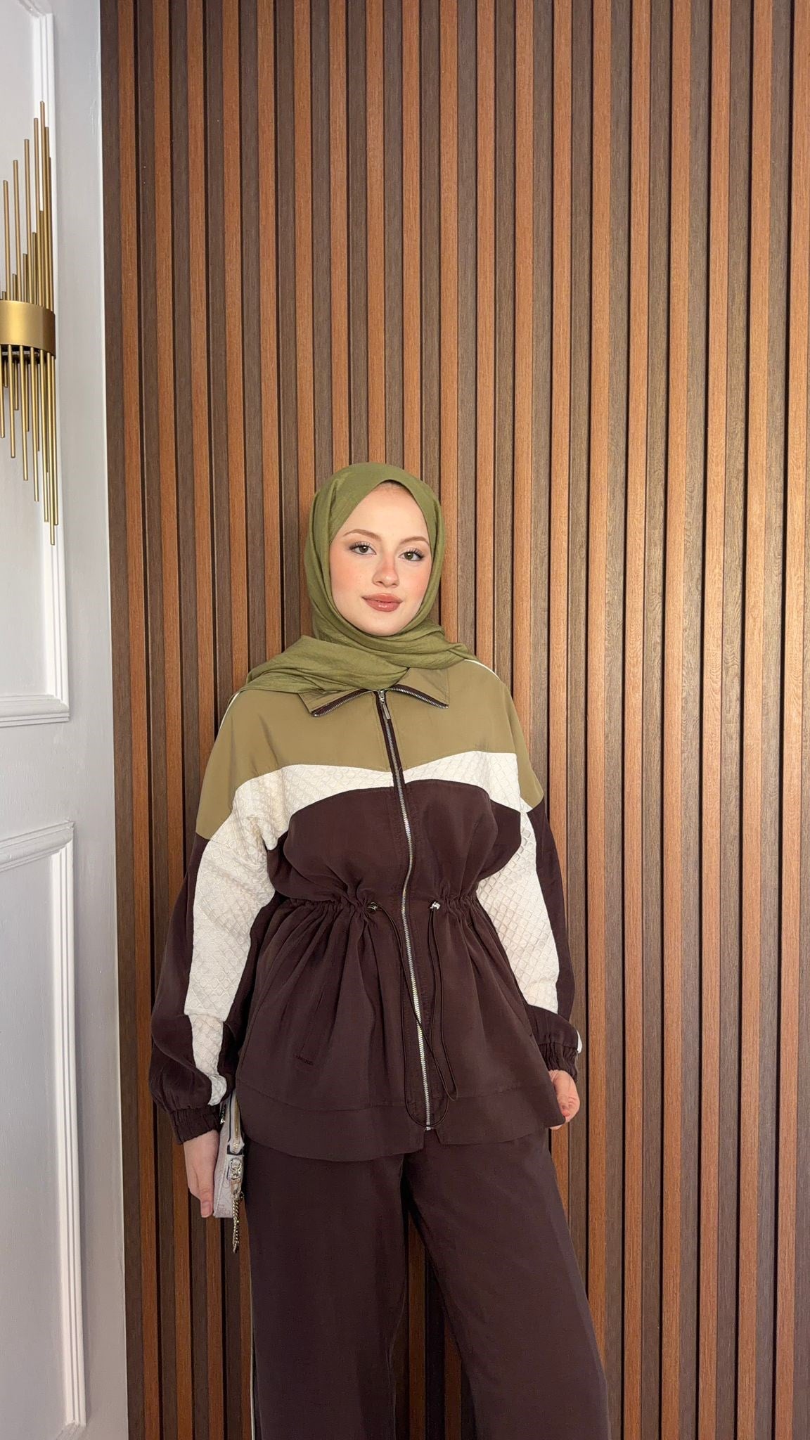 MEYSADESIGN PANTOLON TAKIM Blok Desenli Pantolonlu Takım Acı Kahve