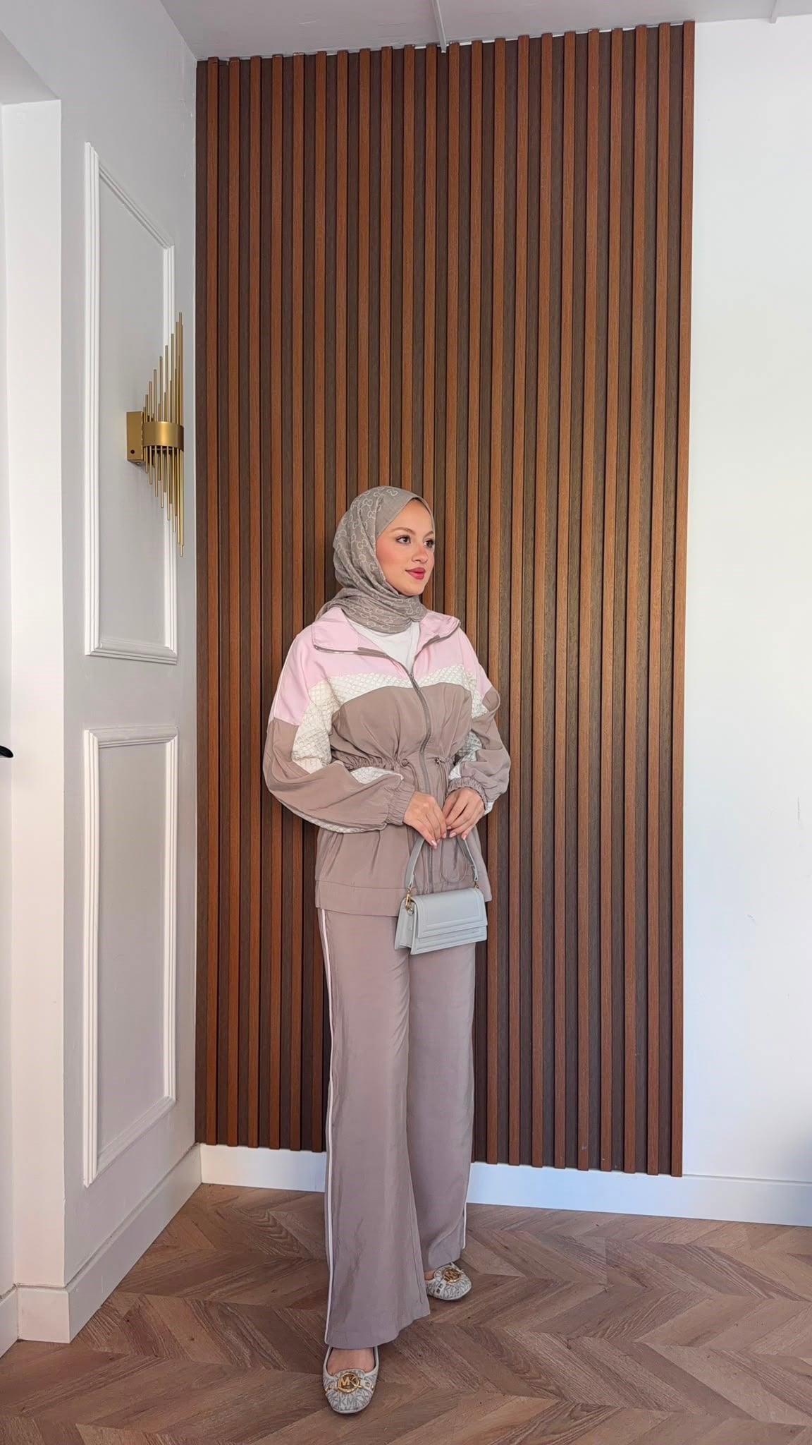 MEYSADESIGN PANTOLON TAKIM Blok Desenli Pantolonlu Takım Pudra Krem