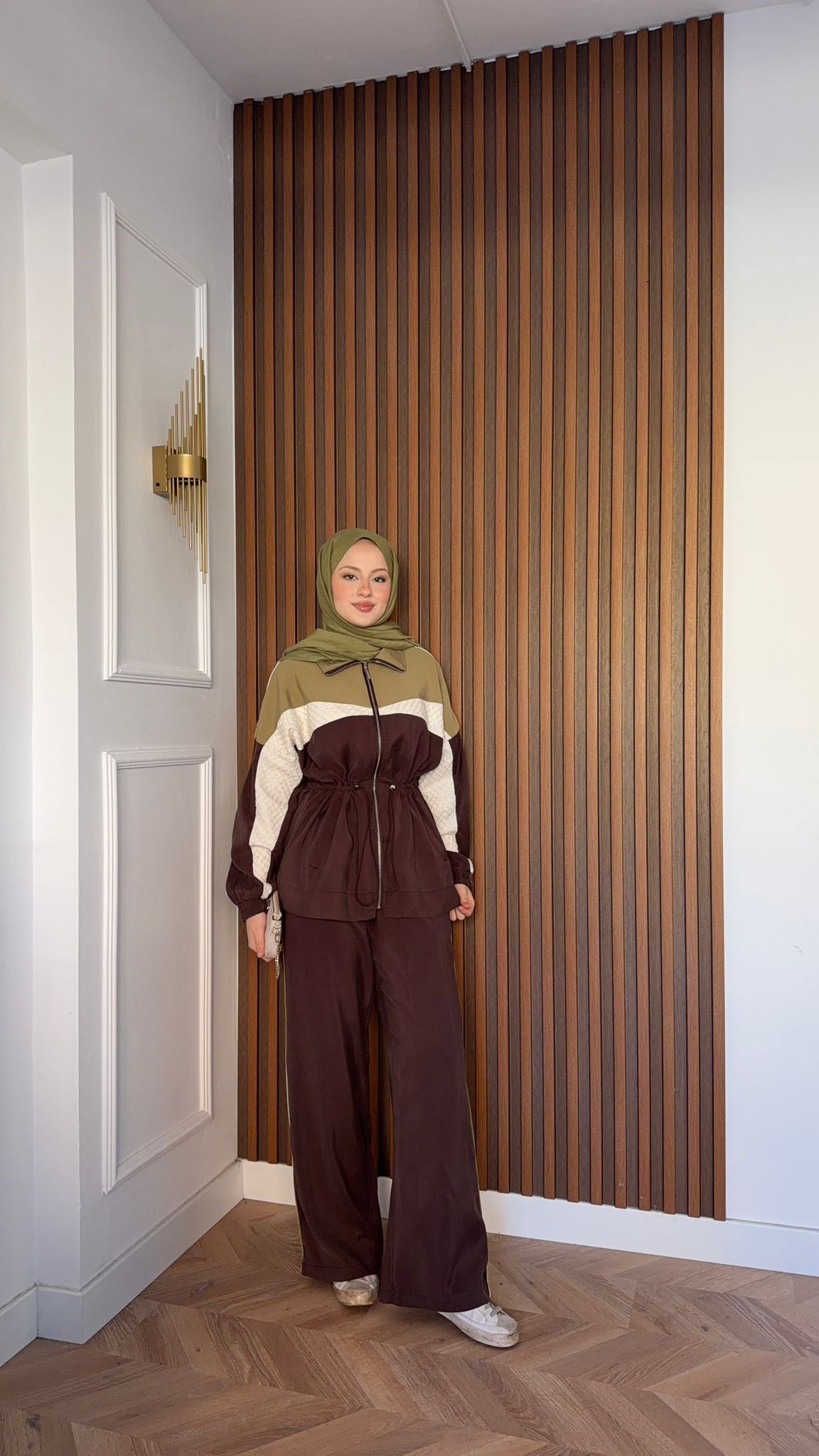 MEYSADESIGN PANTOLON TAKIM Blok Desenli Pantolonlu Takım Acı Kahve