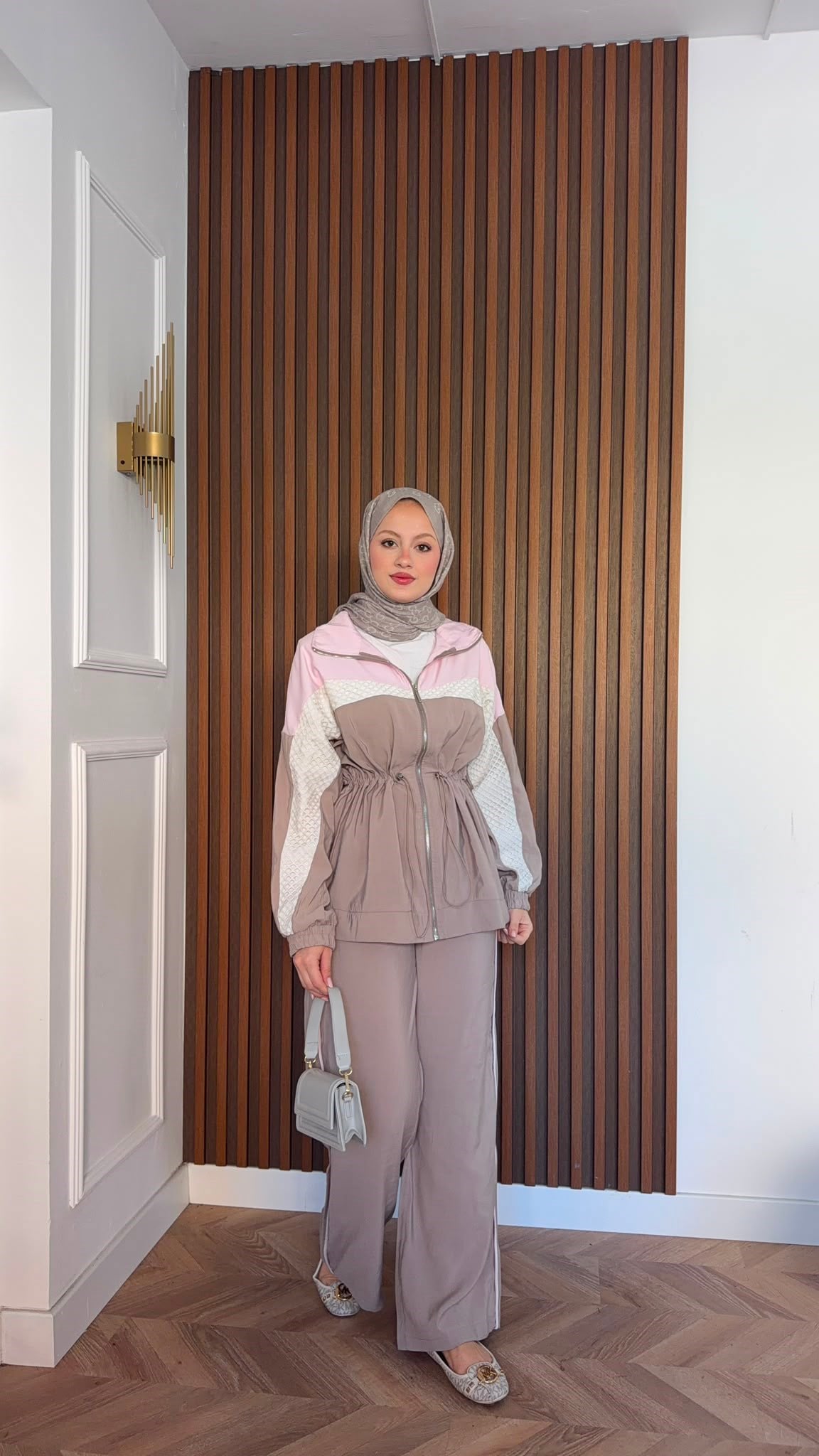 MEYSADESIGN PANTOLON TAKIM Blok Desenli Pantolonlu Takım Pudra Krem
