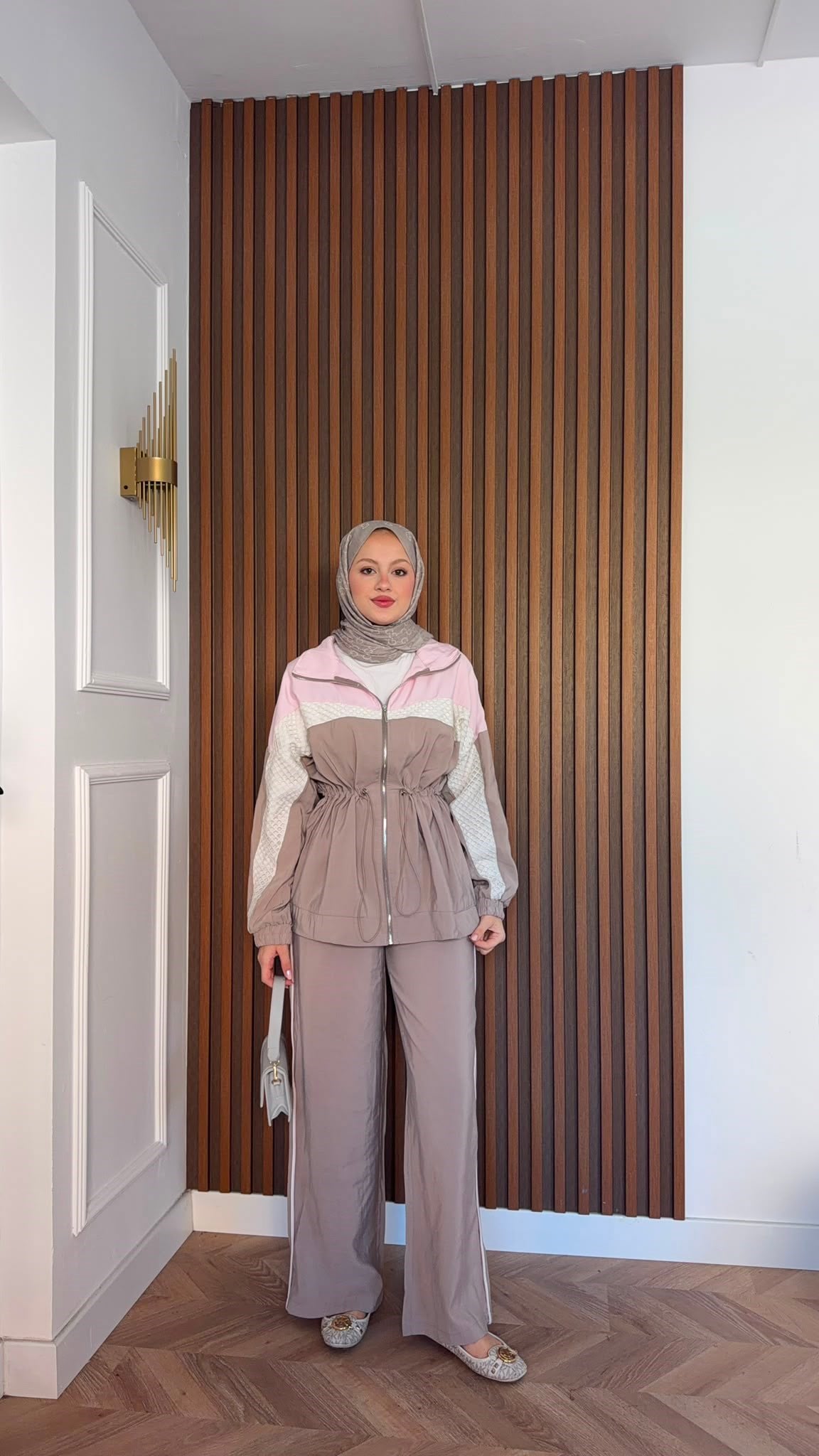 MEYSADESIGN PANTOLON TAKIM Blok Desenli Pantolonlu Takım Pudra Krem
