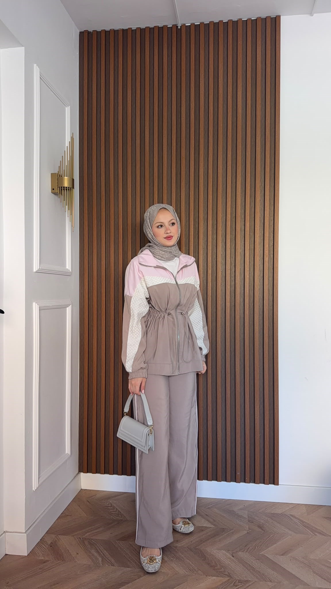 MEYSADESIGN PANTOLON TAKIM Blok Desenli Pantolonlu Takım Pudra Krem