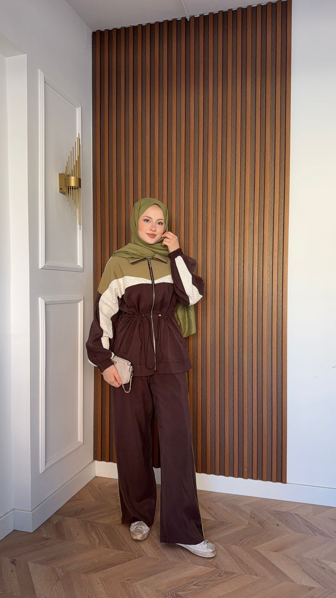 MEYSADESIGN PANTOLON TAKIM Blok Desenli Pantolonlu Takım Acı Kahve