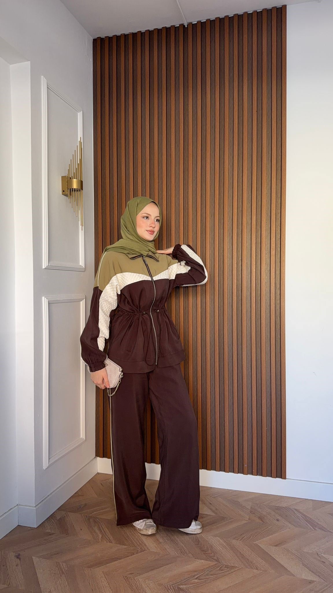 MEYSADESIGN PANTOLON TAKIM Blok Desenli Pantolonlu Takım Acı Kahve