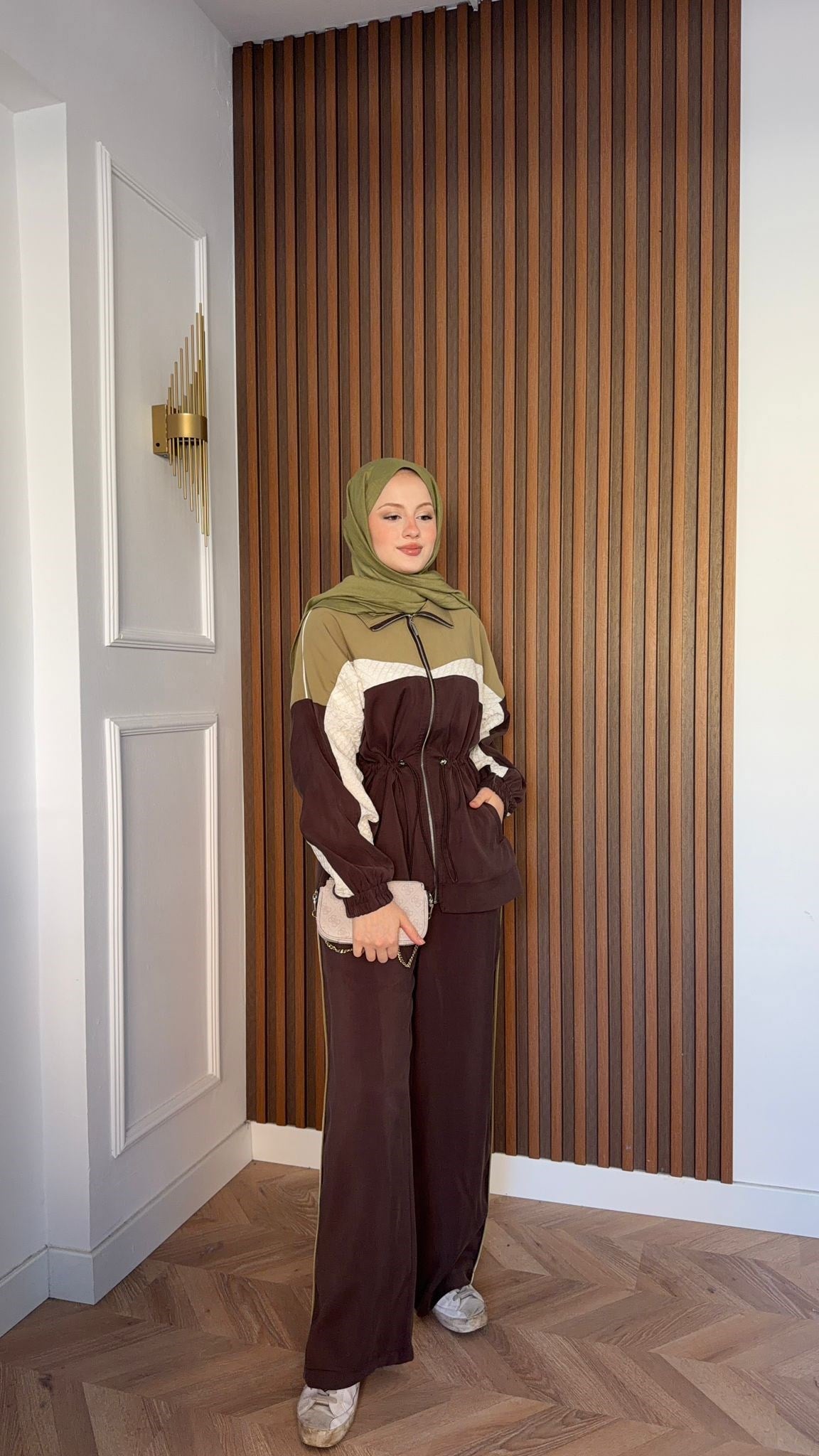 MEYSADESIGN PANTOLON TAKIM Blok Desenli Pantolonlu Takım Acı Kahve