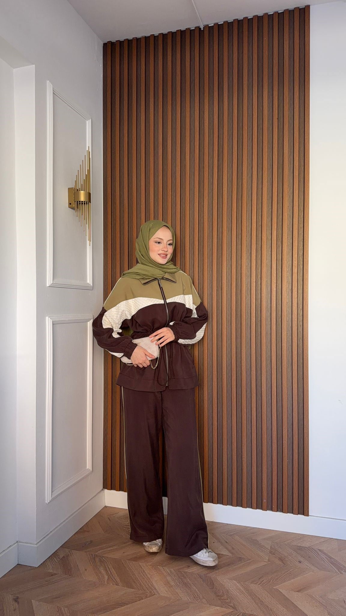 MEYSADESIGN PANTOLON TAKIM Blok Desenli Pantolonlu Takım Acı Kahve
