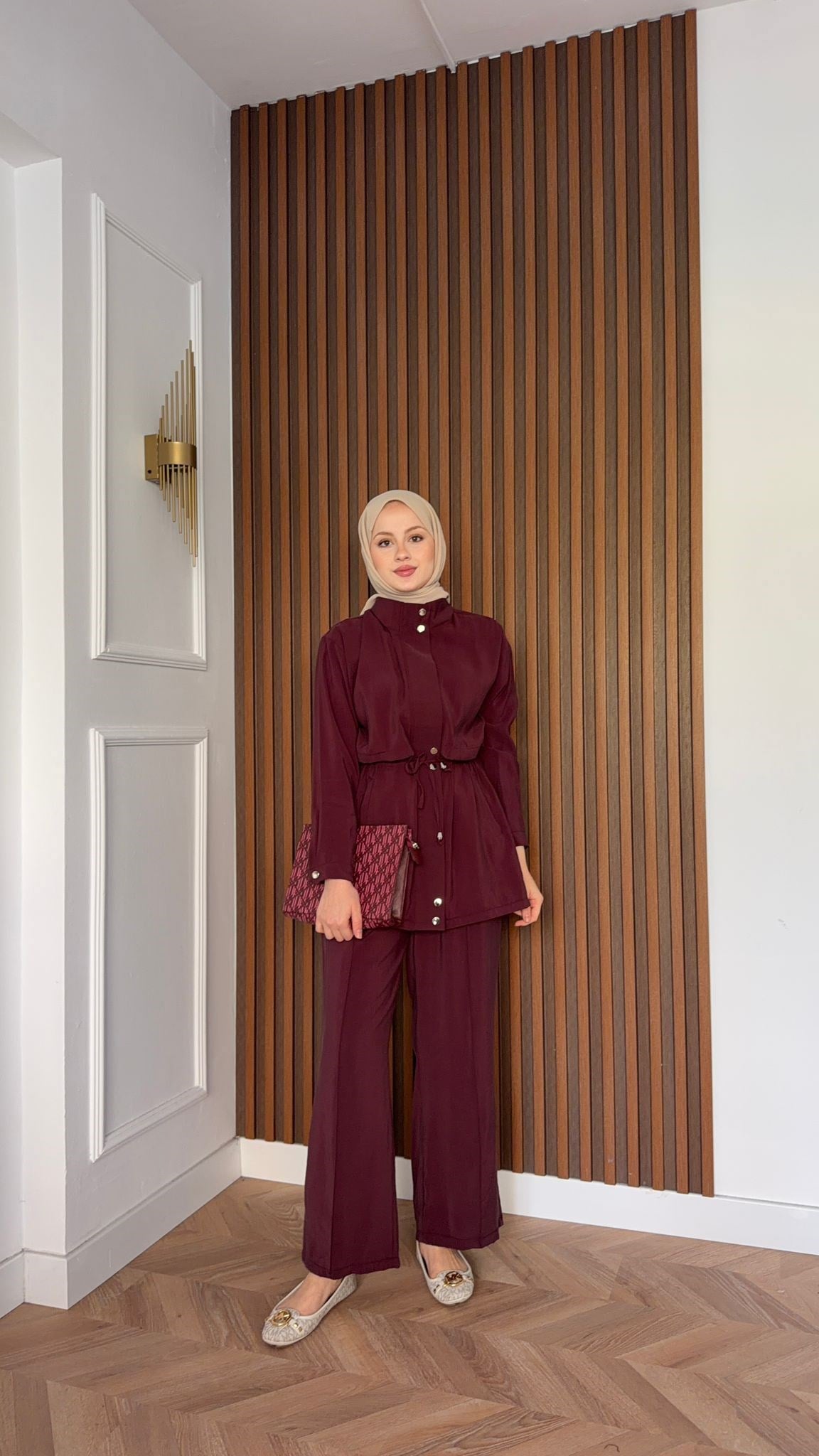 MEYSADESIGN PANTOLON TAKIM Çıtçıtlı Tensel  İkili Takım Bordo