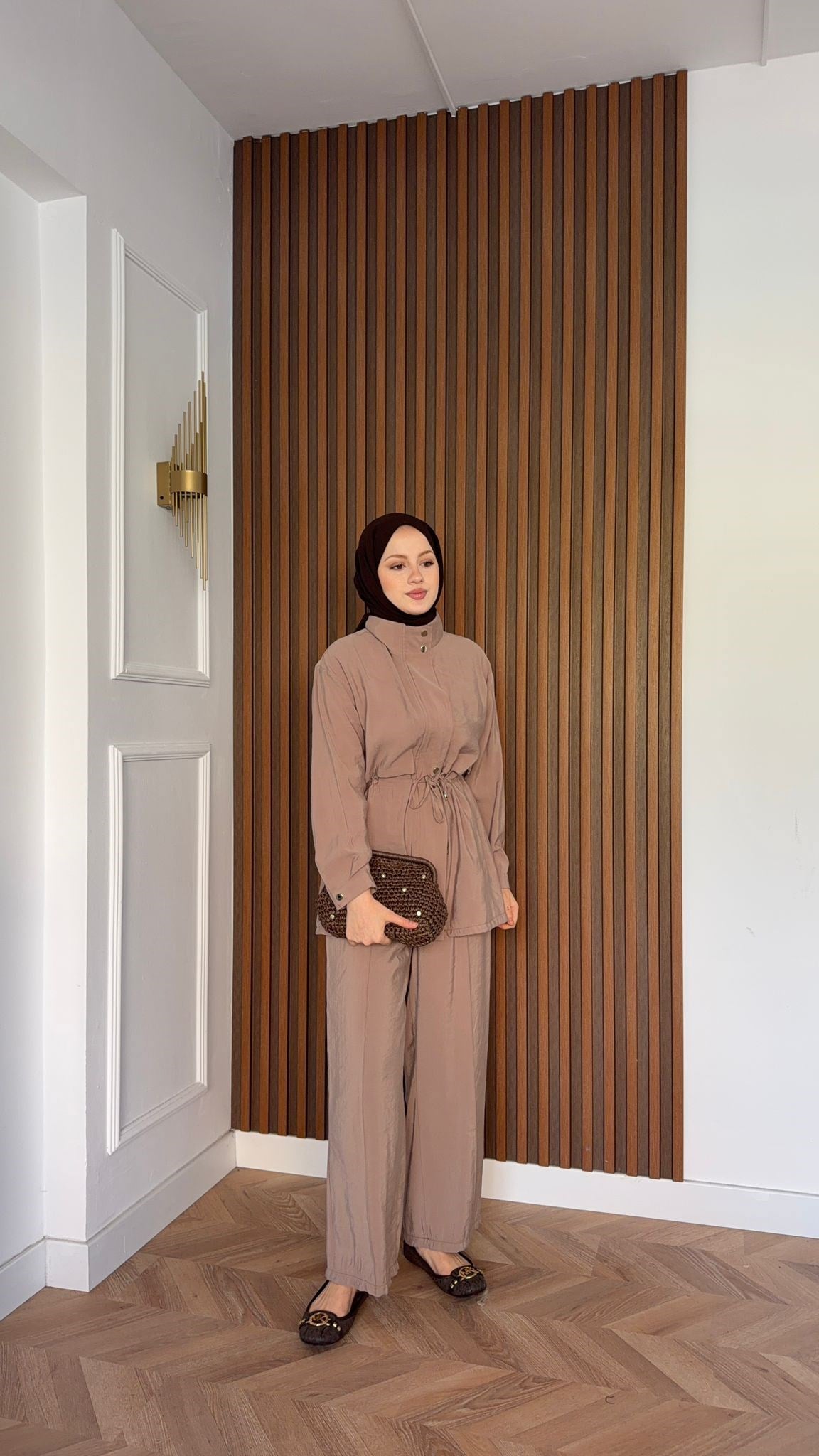 MEYSADESIGN PANTOLON TAKIM Çıtçıtlı Tensel  İkili Takım Bej