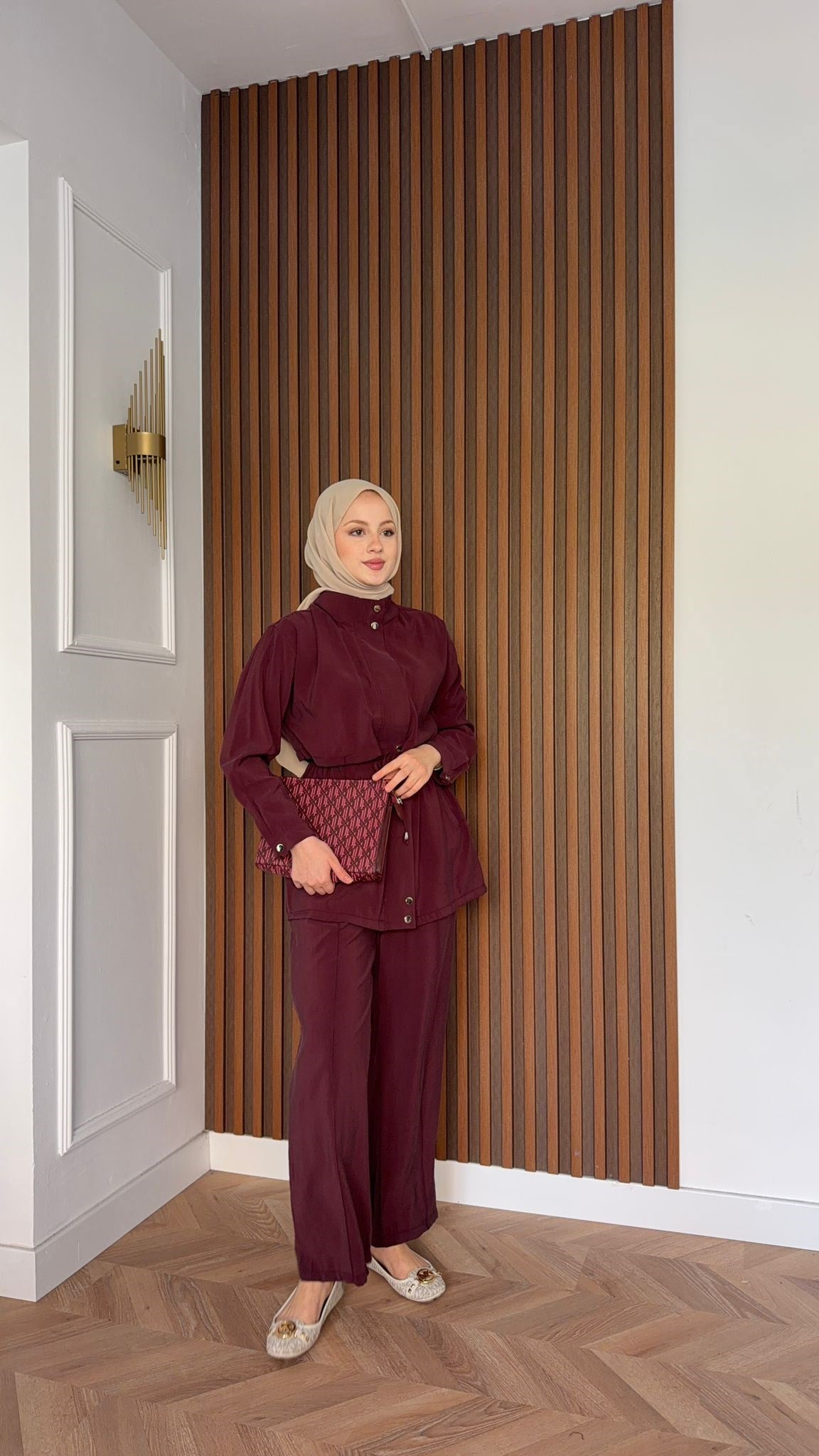 MEYSADESIGN PANTOLON TAKIM Çıtçıtlı Tensel  İkili Takım Bordo