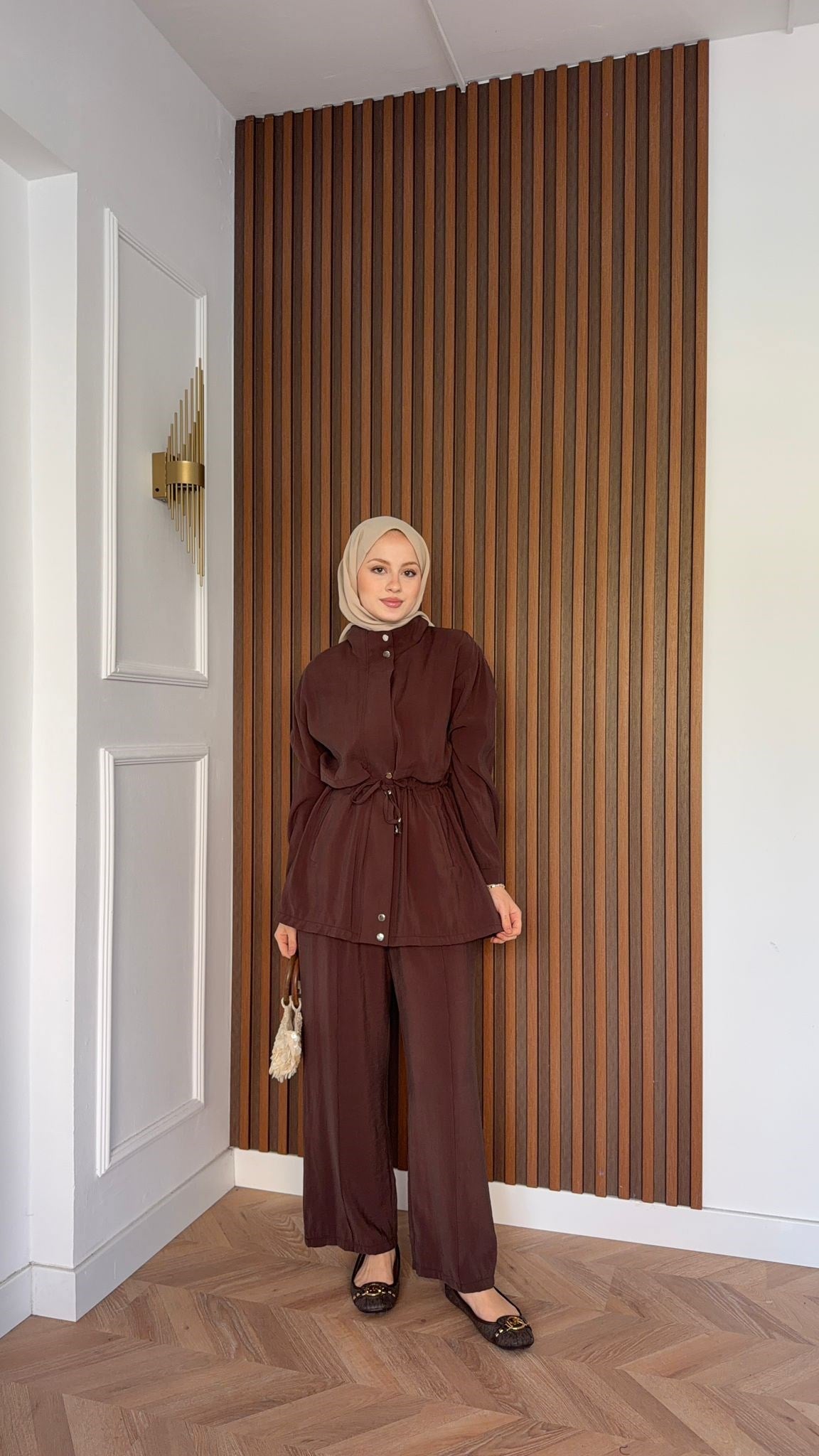 MEYSADESIGN PANTOLON TAKIM Çıtçıtlı Tensel  İkili Takım Acı Kahve