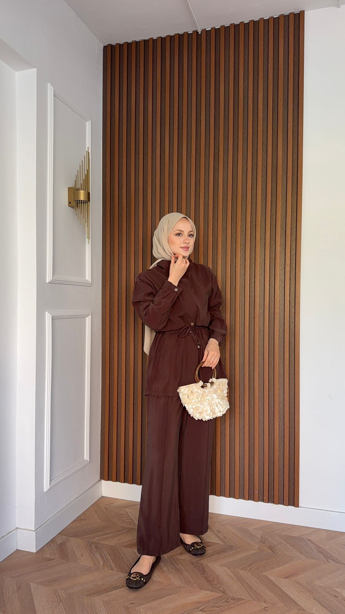 MEYSADESIGN PANTOLON TAKIM Çıtçıtlı Tensel  İkili Takım Acı Kahve