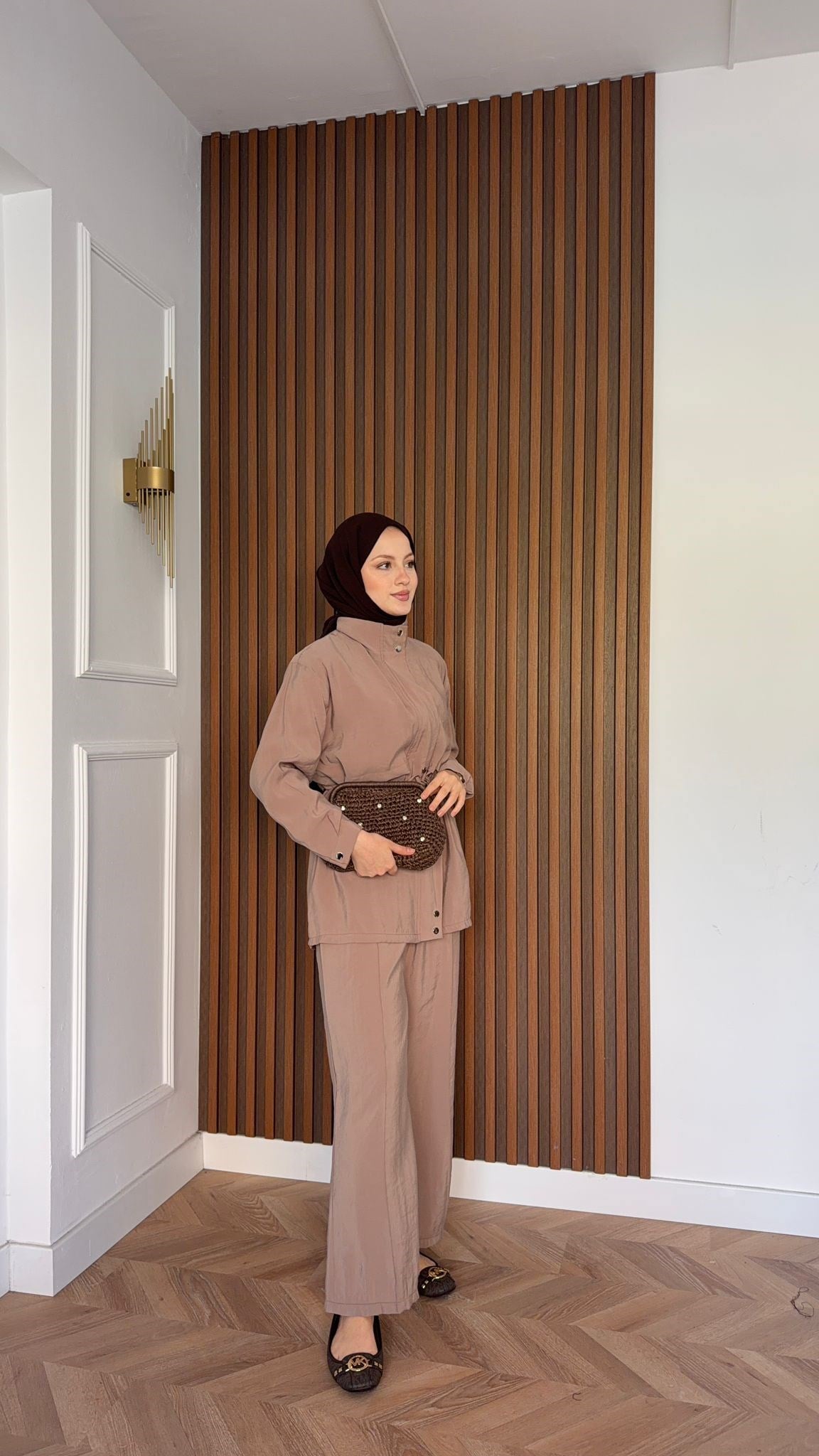 MEYSADESIGN PANTOLON TAKIM Çıtçıtlı Tensel  İkili Takım Bej