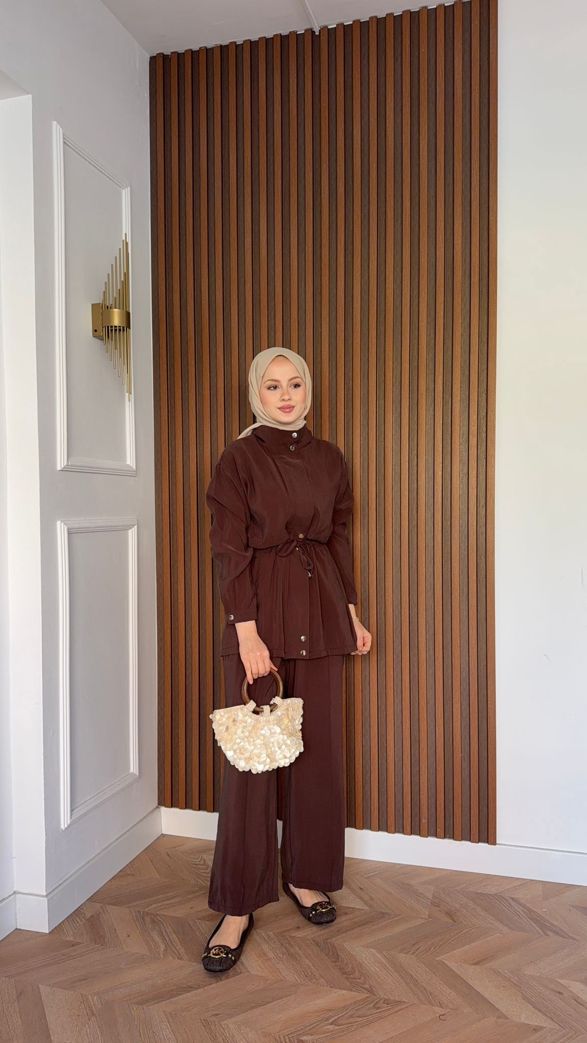 MEYSADESIGN PANTOLON TAKIM Çıtçıtlı Tensel  İkili Takım Acı Kahve
