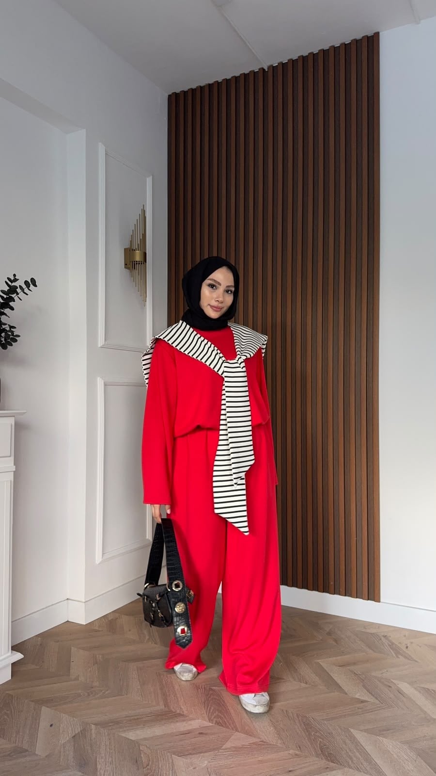 MEYSADESIGN PANTOLON TAKIM Çizgi Desen Atkılı Oysh İkili Takım Kırmızı