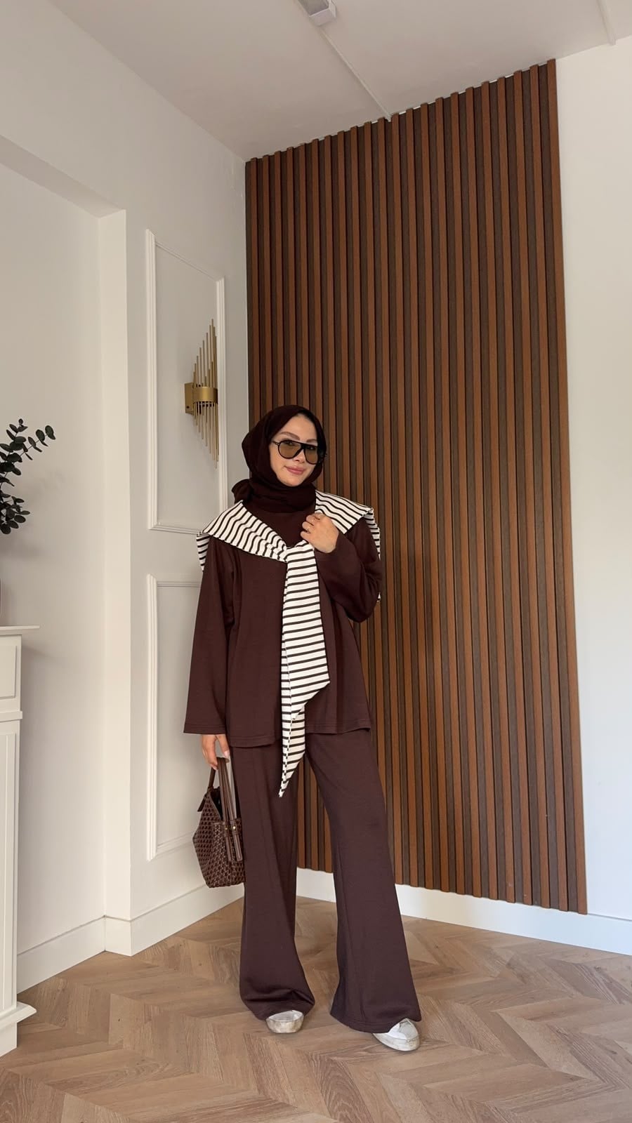 MEYSADESIGN PANTOLON TAKIM Çizgi Desen Atkılı Oysh İkili Takım Acı Kahve