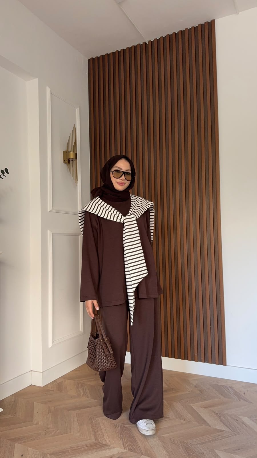 MEYSADESIGN PANTOLON TAKIM Çizgi Desen Atkılı Oysh İkili Takım Acı Kahve