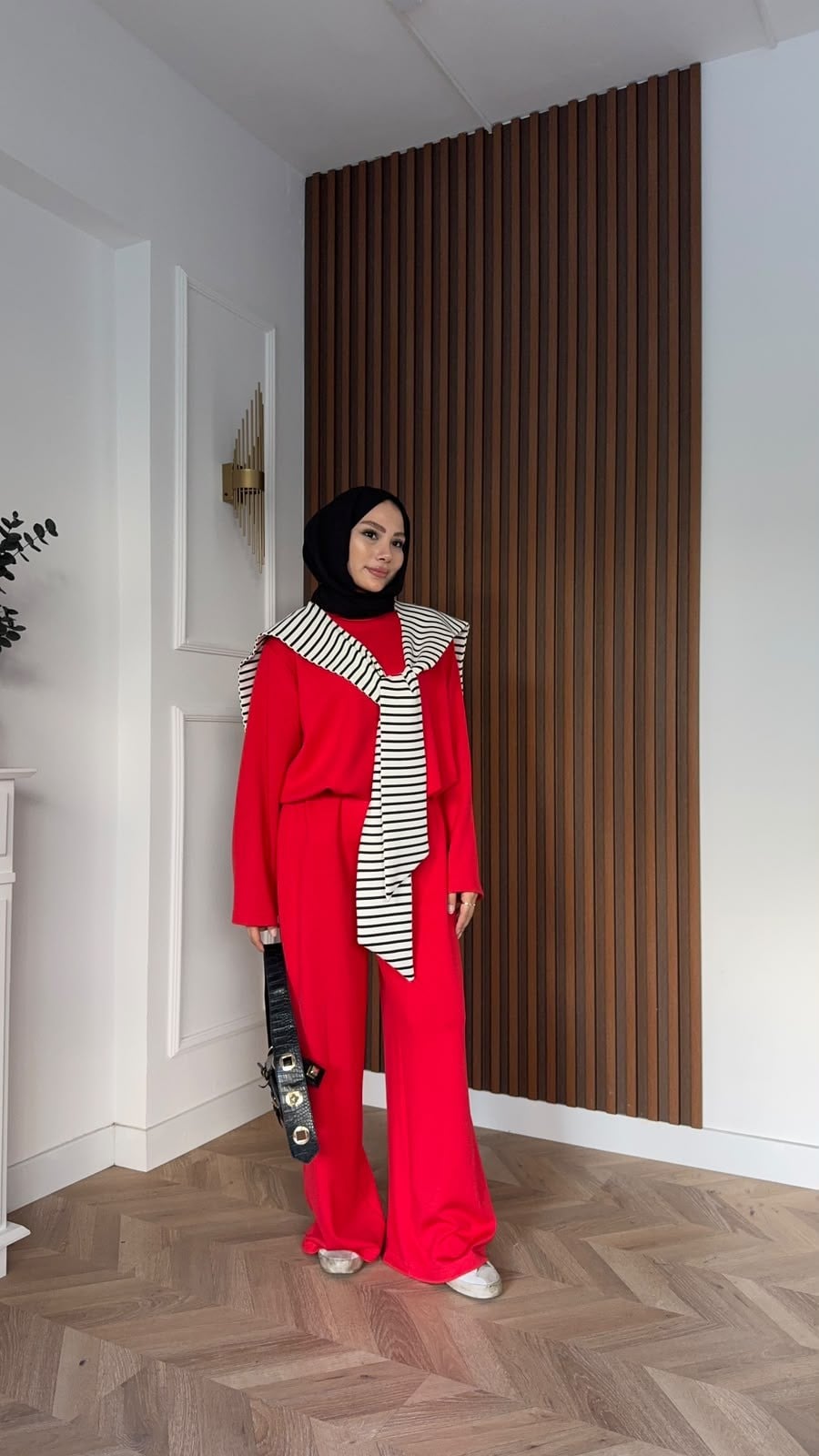 MEYSADESIGN PANTOLON TAKIM Çizgi Desen Atkılı Oysh İkili Takım Kırmızı