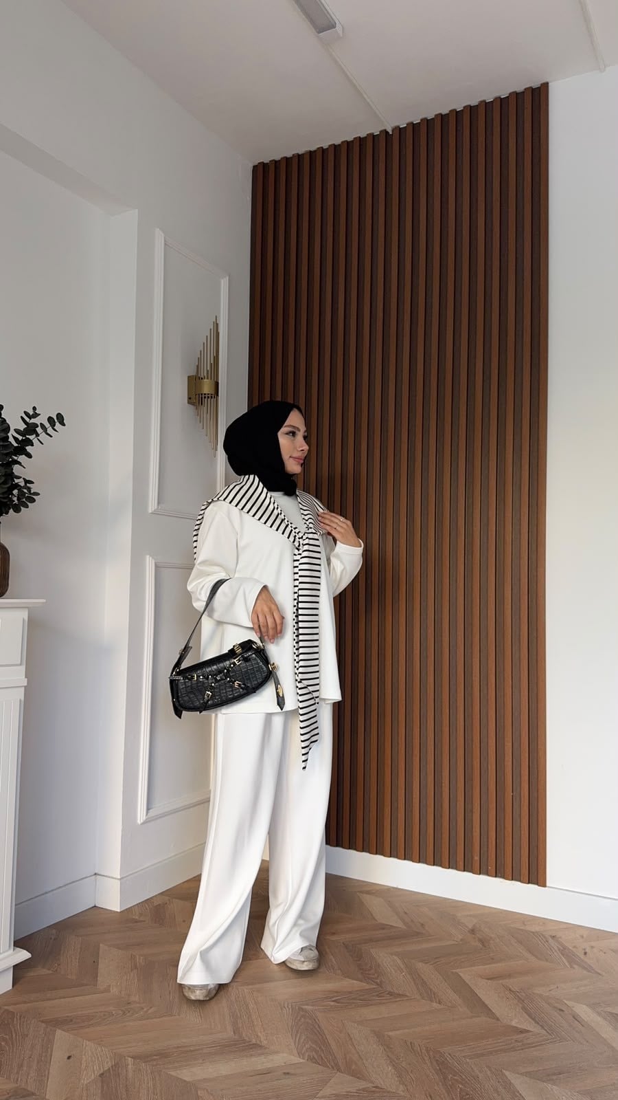 MEYSADESIGN PANTOLON TAKIM Çizgi Desen Atkılı Oysh İkili Takım Beyaz
