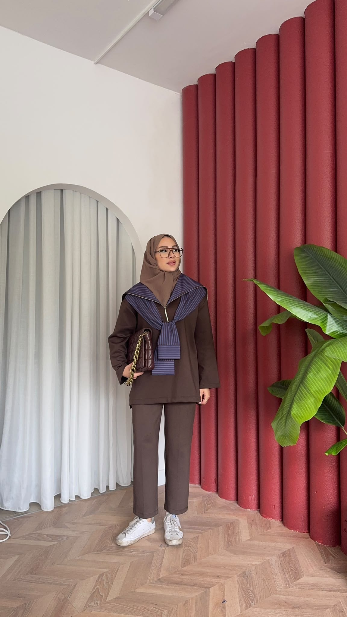 MEYSADESIGN PANTOLON TAKIM Çizgili Gömlek Detaylı Scuba Takım Acı Kahve